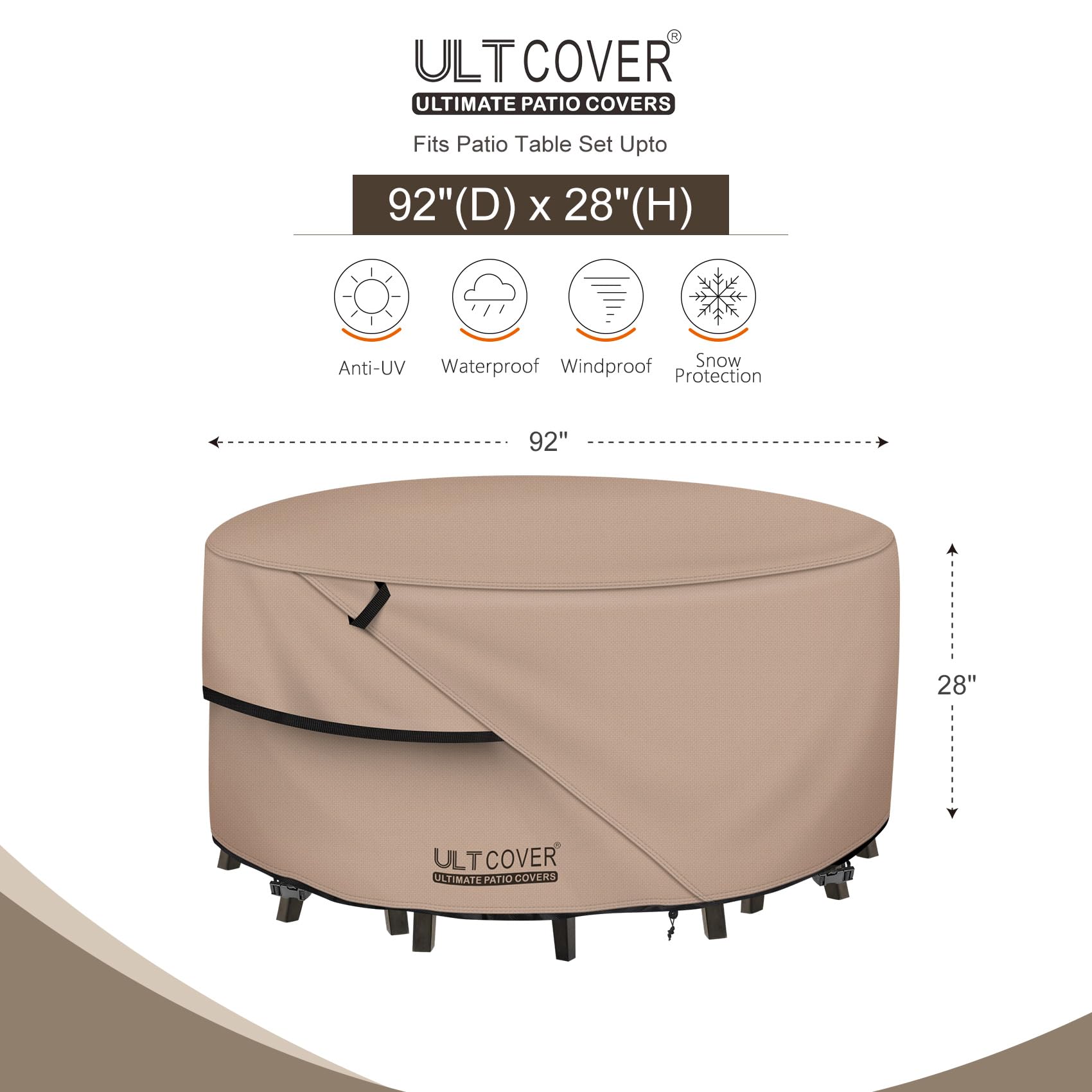 ULTCOVER 92 Inch Round Patio Furniture Cover - Waterproof Outdoor Table and Chair Set Protector for Garden, Deck, Backyard (All-Weather Protection)