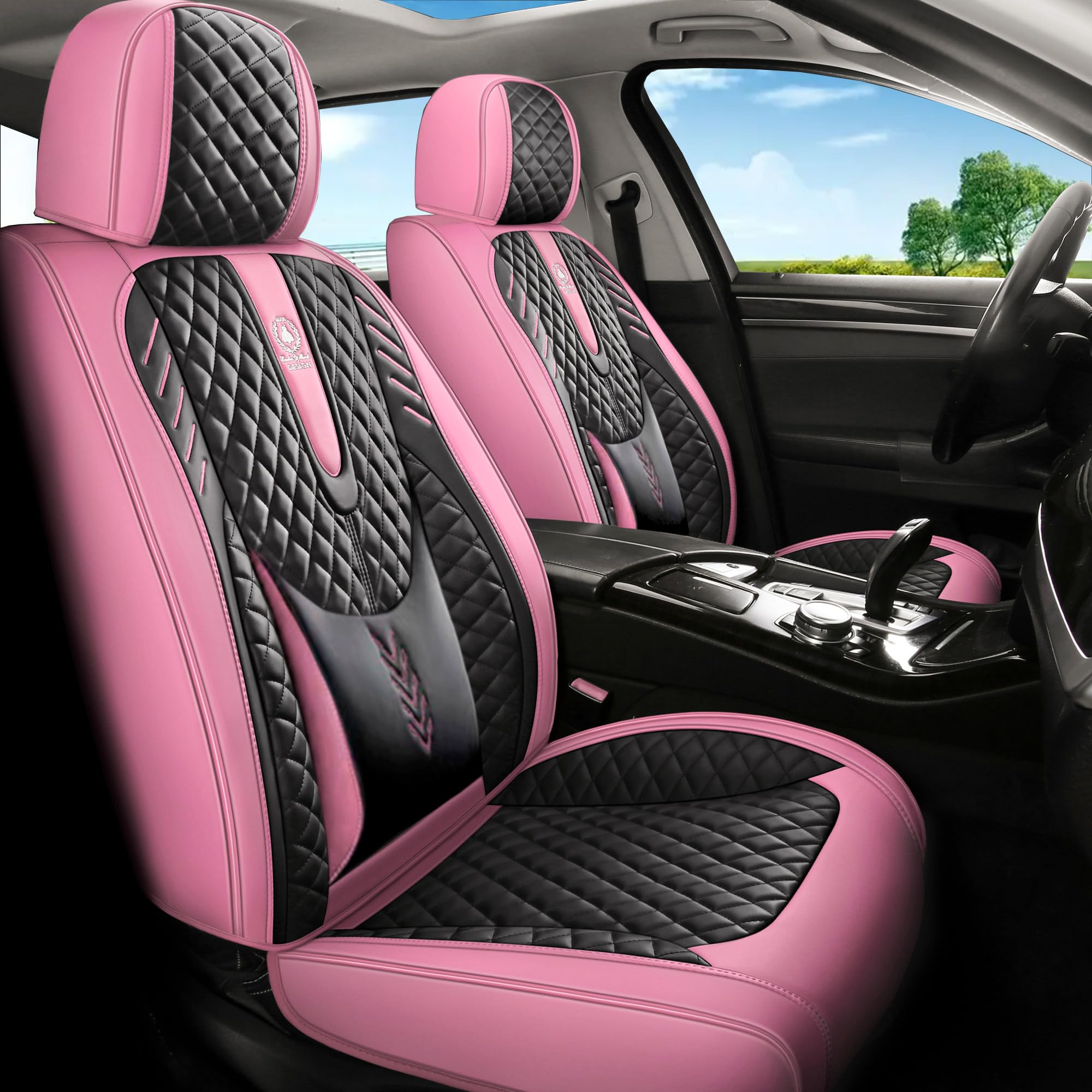 Premium INZU Universal 5-Seat Car Seat Covers Set - Synthetic Leather, Airbag Compatible for Most Cars & SUVs (Black/Pink) - Perfect for Family Road Trips, Daily Commutes & Pet Protection