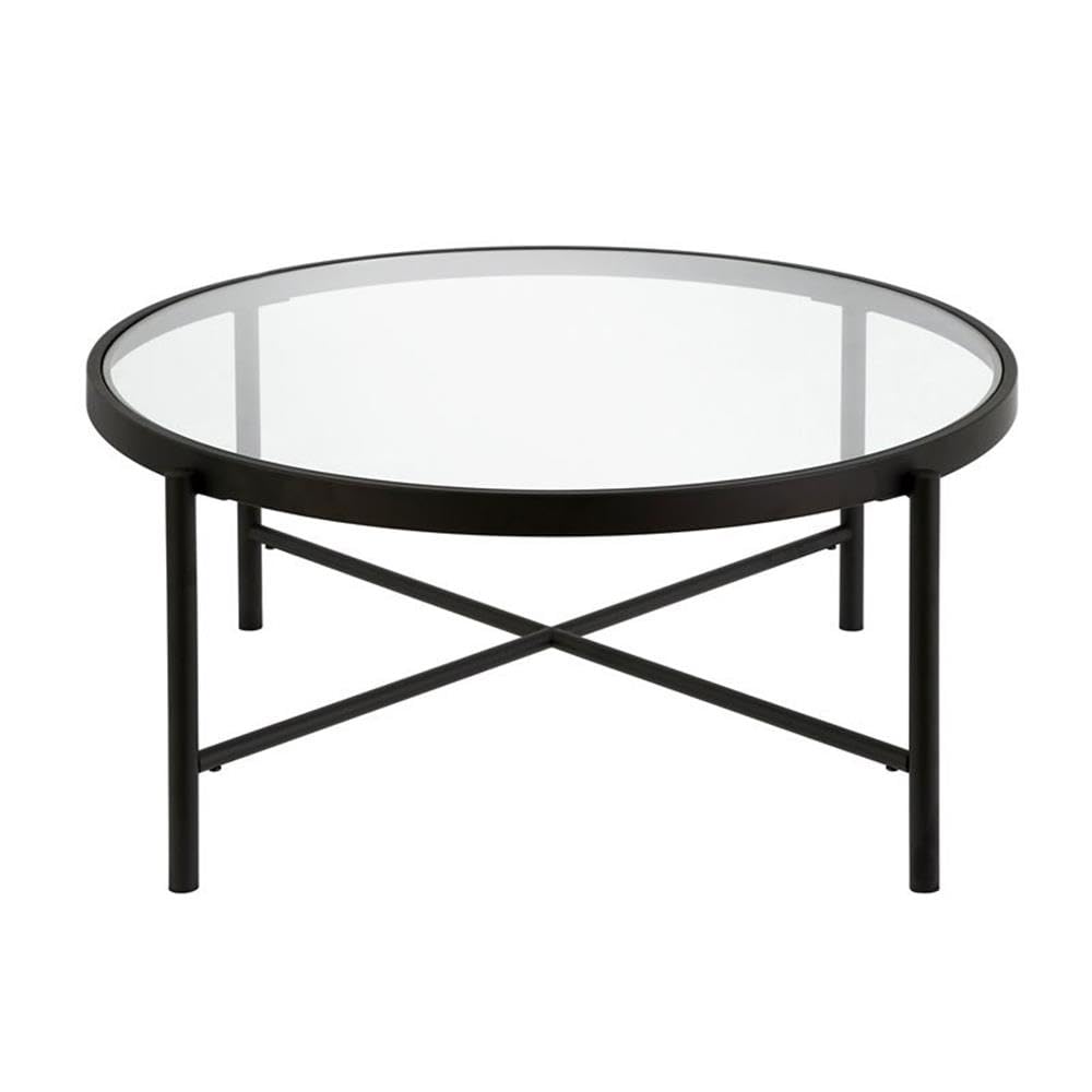 Pemberly Row 36-Inch Round Metal Coffee Table with Glass Top in Black & Bronze - Perfect for Living Room, Lounge, and Office Decor