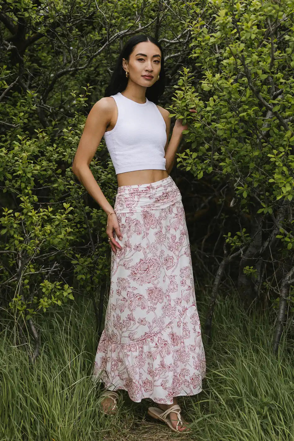 Bastien Floral Skirt in Rust - Women's Boho Midi Skirt with Elastic Waist | Perfect for Summer Outfits, Beach Vacations & Casual Wear