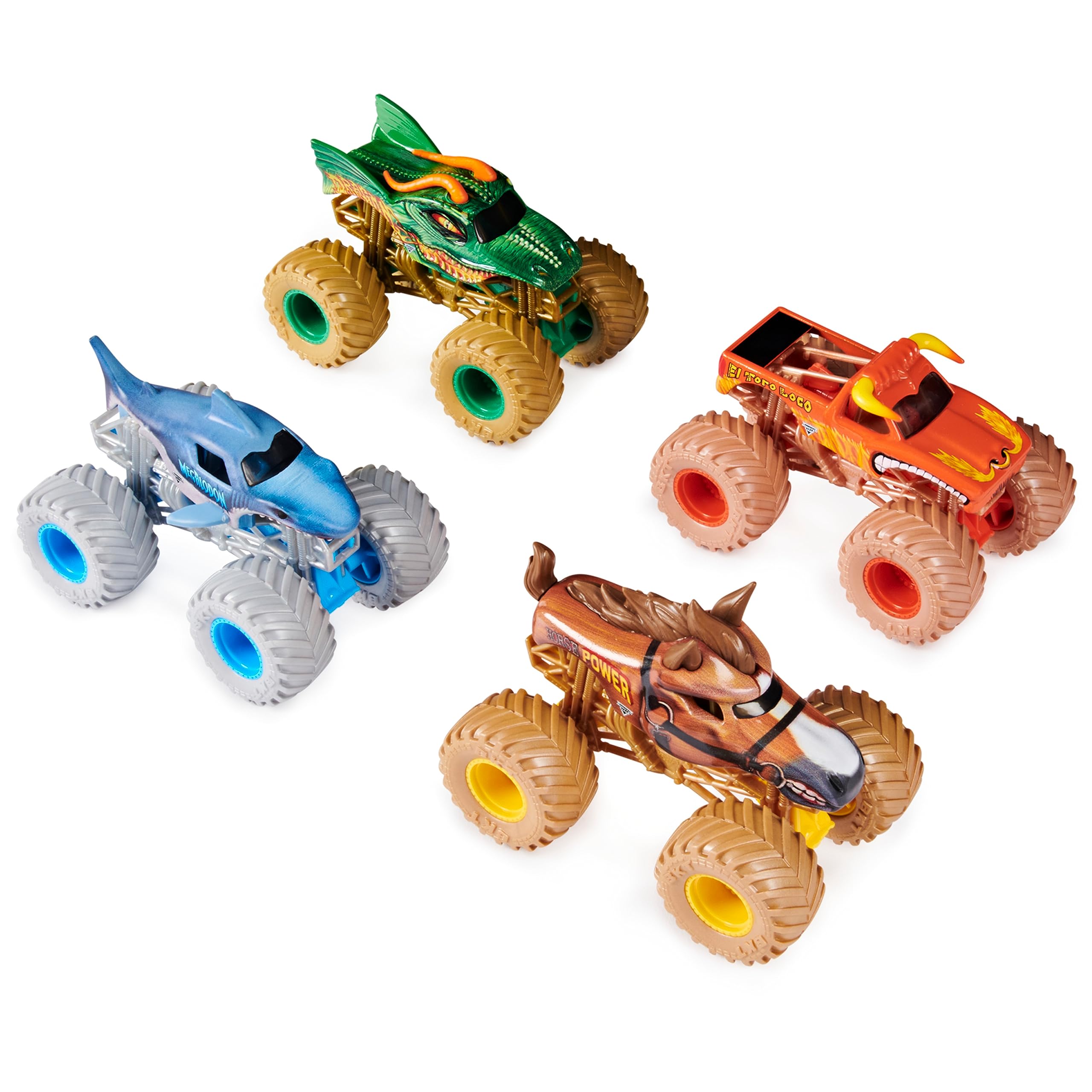Monster Jam Power Beasts 4-Pack 1:64 Scale Die-Cast Monster Trucks (El Toro Loco, Megalodon, Dragon & Horse Power) - Durable Toy Cars for Boys & Girls Ages 3+ - Perfect for Playtime, Collecting & Racing Battles