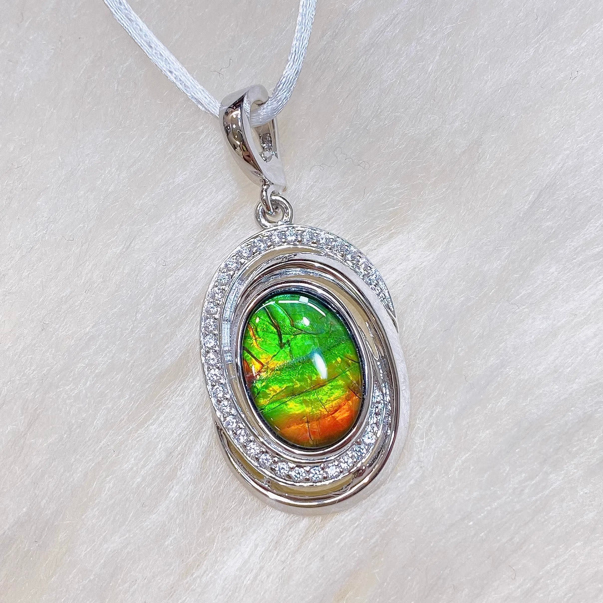 Elegant Sterling Silver Oval Ammolite Pendant with Swarovski Crystals | Natural Gemstone Jewelry for Women | Perfect Gift for Birthday, Anniversary & Special Occasions
