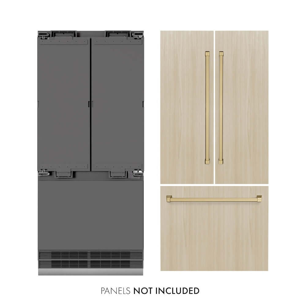 ZLINE GRBIVZ 36 CB 36-Inch Built-In French Door Refrigerator - 19.6 cu. ft. Capacity, Panel Ready, Bottom Freezer, Water Dispenser & Ice Maker, Graphite Gray Interior with Champagne Bronze Accents - Perfect for Modern Kitchens & Open-Concept Homes