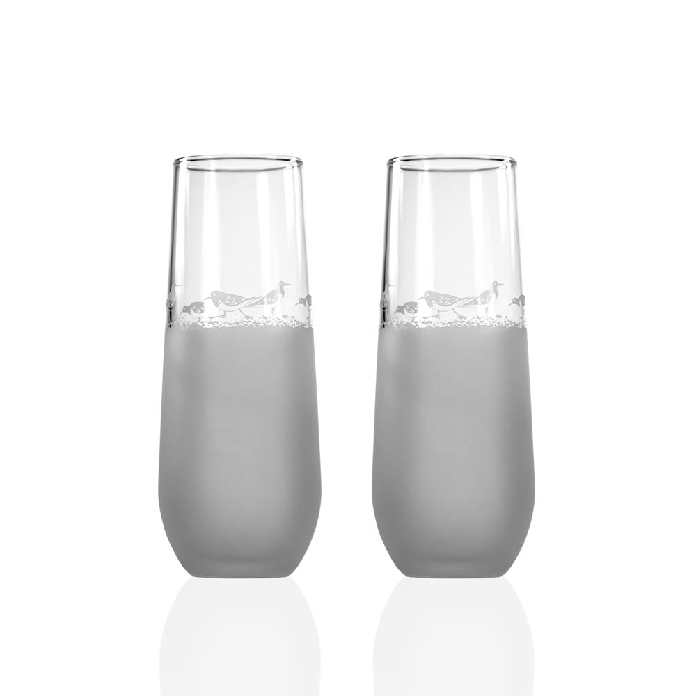 Premium Sandpiper 8.5oz Stemless Champagne Flutes - Set of 2 Elegant Glasses for Wedding Toasts, Bridal Showers & Romantic Dinners