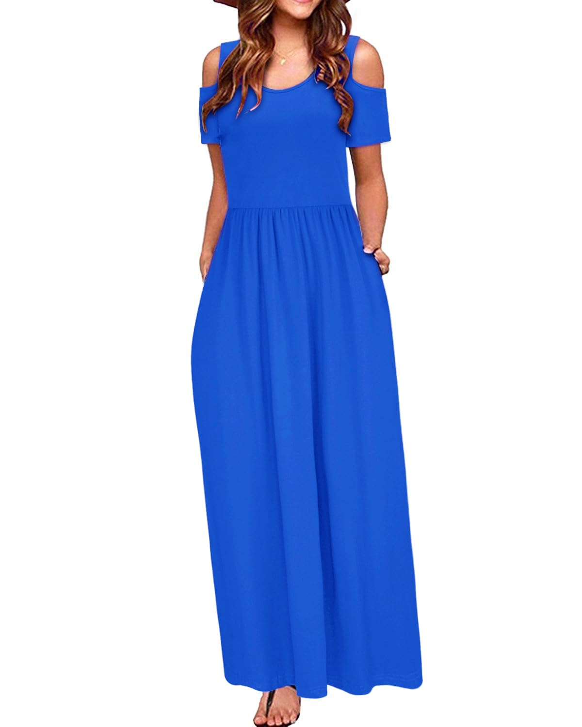 STYLEWORD Women's Summer Maxi Long Dress 2025 - Cold Shoulder Sundress with Pockets for Beach, Vacation & Casual Wear