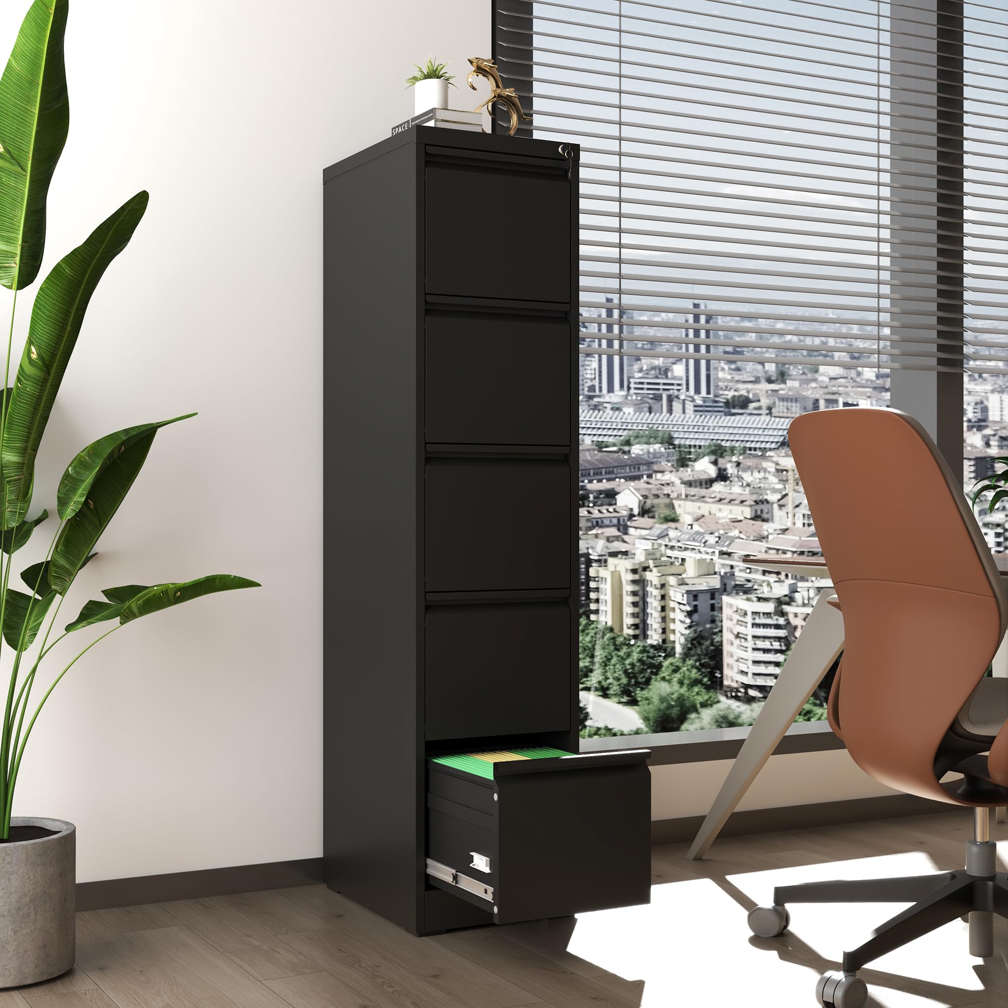 5-Drawer Vertical File Cabinet with Lock - Heavy Duty Steel Office Filing Cabinet for Hanging Letters, Legal & A4 Documents - Perfect for Home Office Organization & Document Storage (Black, Assembly Required)