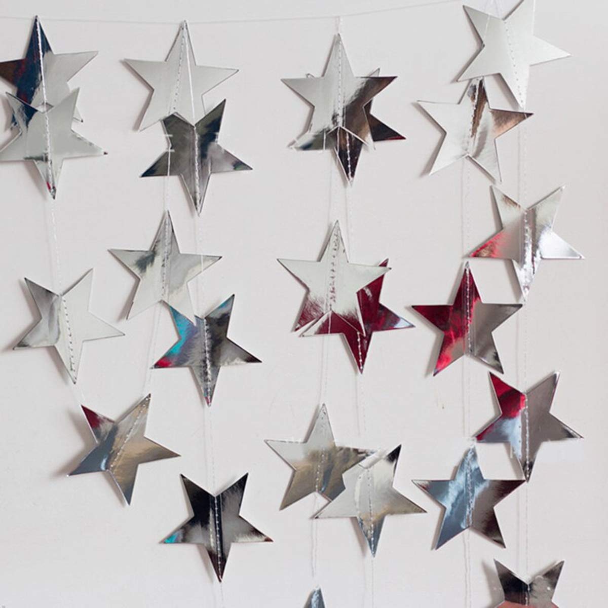 Silver Star Garland Banner Decorations - 156 Feet Sparkling Paper Hanging Decor, Glitter Star Bunting for Wedding, Birthday, Holiday & Christmas Party | Perfect for Ceiling, Wall, Backdrop & Event Decorations