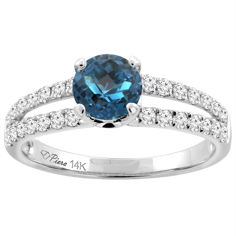 14K White Gold Natural London Blue Topaz Engagement Ring - 6mm Round Cut Split Shank with Diamond Accents (Sizes 5-10) | Perfect for Proposals, Weddings & Anniversary Gifts