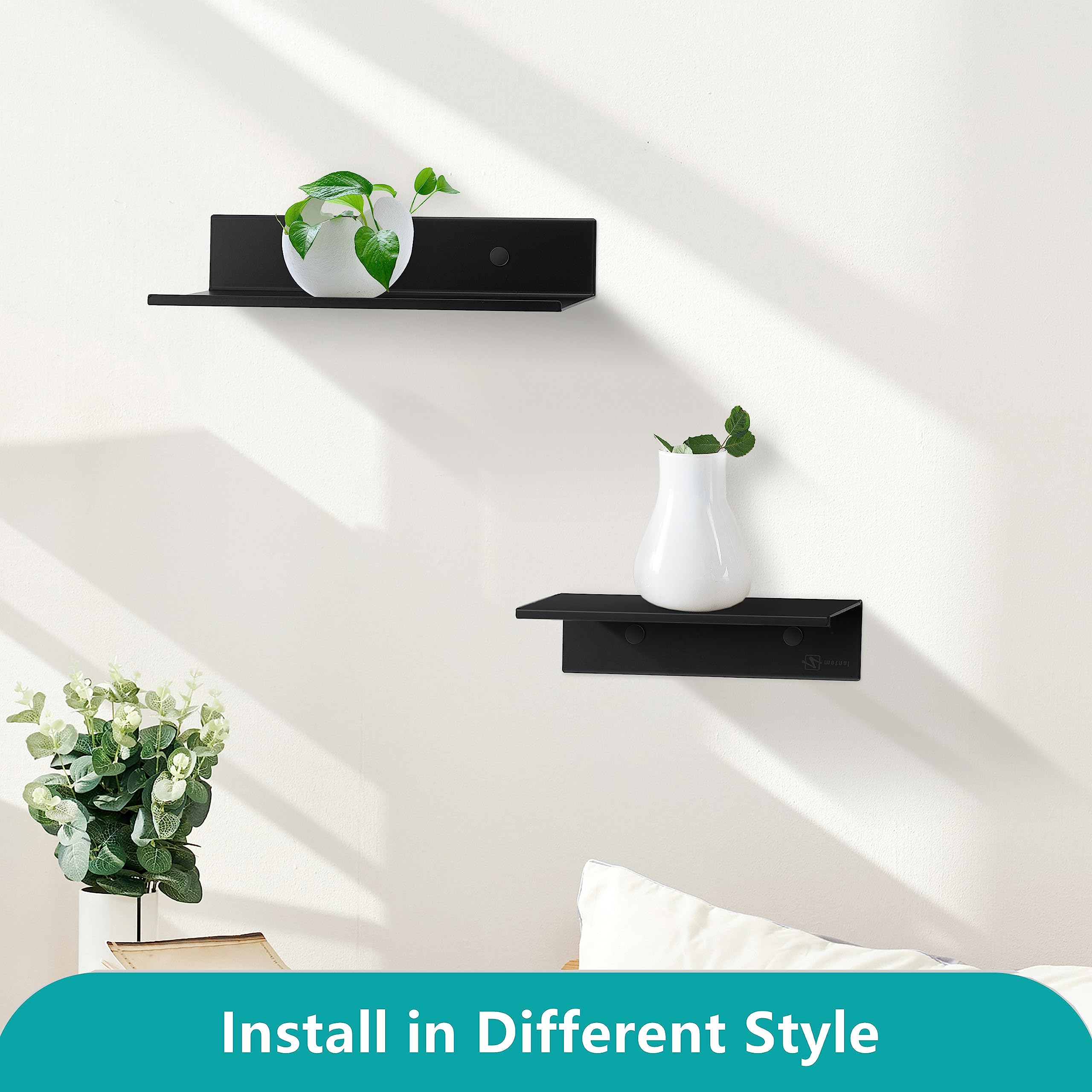 Metal Small Decor Shelves - Mini Floating Wall Shelf for Smart Speakers & Collectibles, Aluminum Wall Mounted Display Shelf, Matte Black, 12x5 Inches, 1ft Wide (2 Pack) - Perfect for Bedroom, Office & Living Room Organization