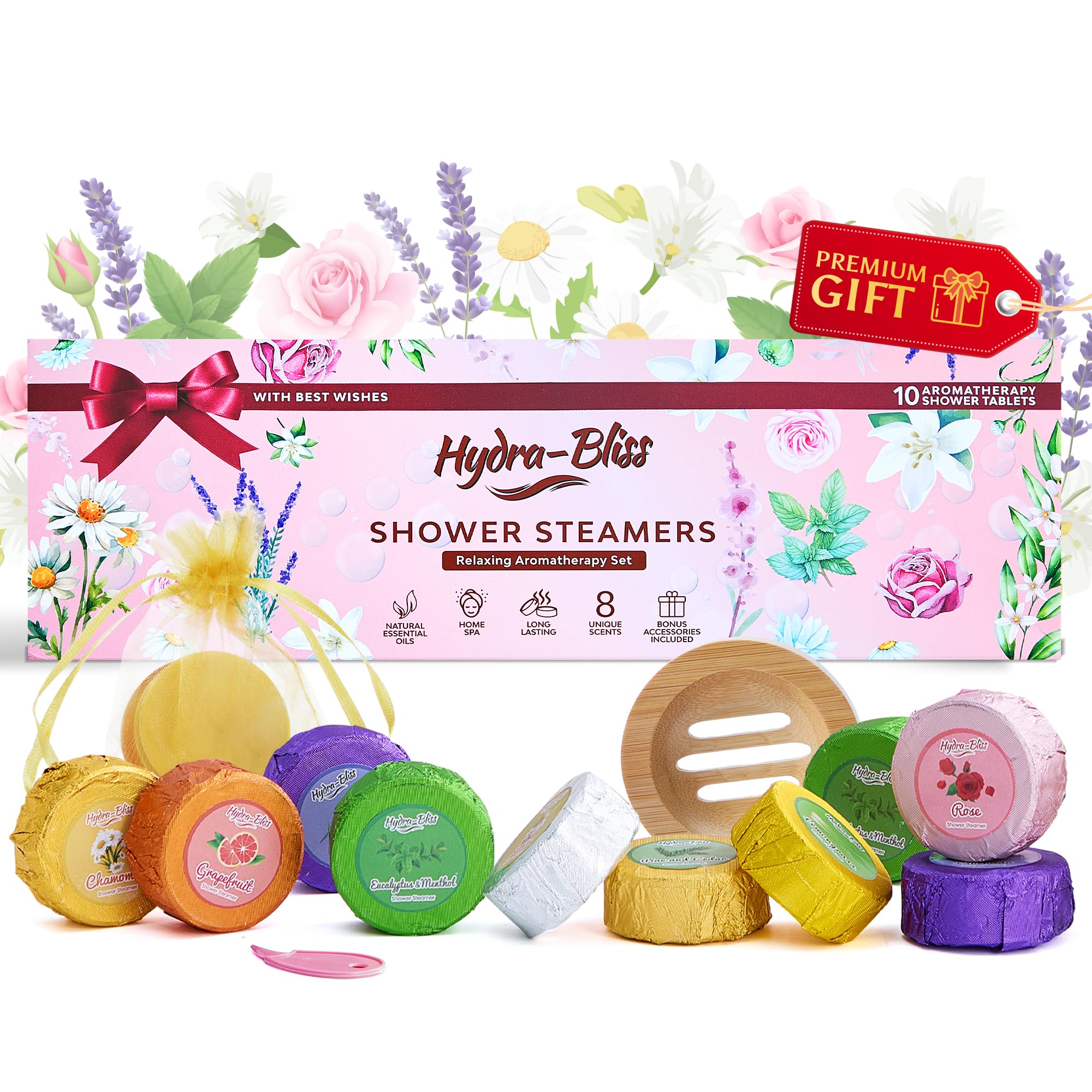 Aromatherapy Shower Steamers Gift Set - 10 Natural Essential Oil Tablets for Women & Men, 8 Soothing Scents with Long-Lasting Fragrance, Includes Bamboo Tray & Mesh Bag - Perfect Spa Relaxation Gift for Stress Relief, Self Care & Home Wellness