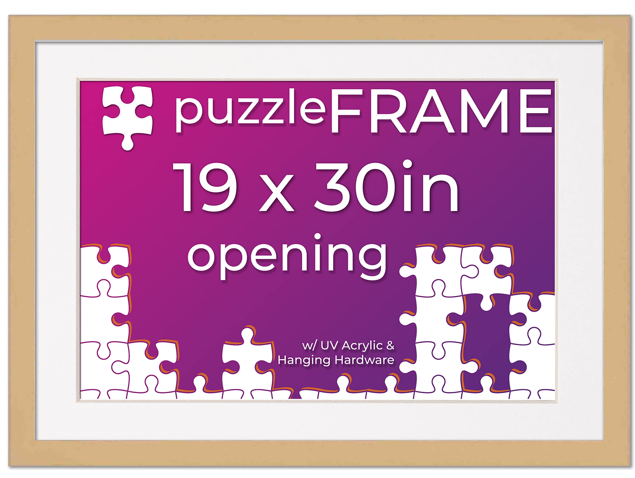 19x30 Jigsaw Puzzle Frame Kit with Puzzle Glue Sheets, Brown Wood Frame & White Mat - Complete Display Set with UV Acrylic, Backing & Hanging Hardware - Perfect for Framing Finished Puzzles as Wall Decor in Living Rooms, Bedrooms or Game Rooms
