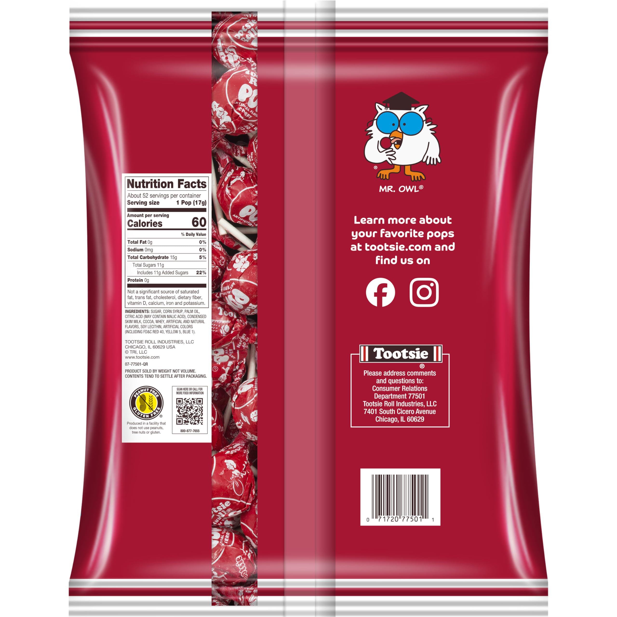 Tootsie Pops Cherry Lollipops with Chocolate Center - 50 Count Individually Wrapped Hard Candy - Peanut Free, Gluten Free Red Candy - Perfect for Halloween Treats, Party Favors & Office Snacks