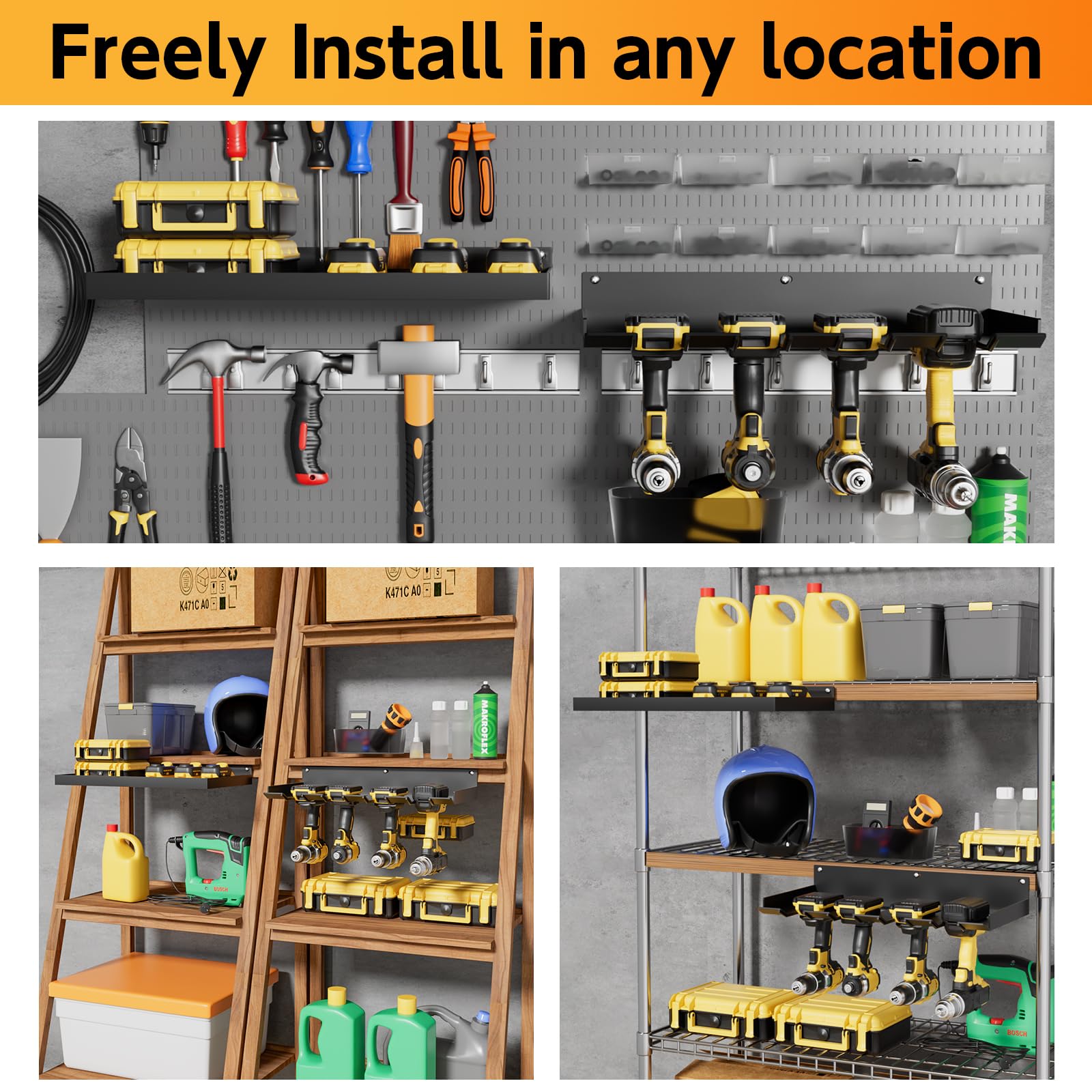 Heavy Duty Wall Mount Power Tool Organizer with 4 Drill Holders & Hooks - Garage Storage for Batteries, Tool Box, Screwdrivers, Pliers & Hammers | Perfect Workshop Organization & DIY Gifts for Men