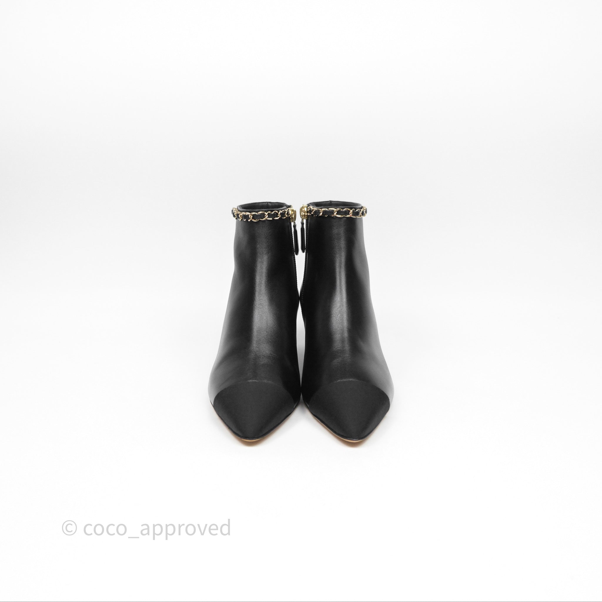 Chanel Black Cap Toe Chain Ankle Boots - Genuine Lambskin Leather Size 36.5 EU (Women's US 6.5) - Luxury Fashion Boots for Evening Parties & Date Nights