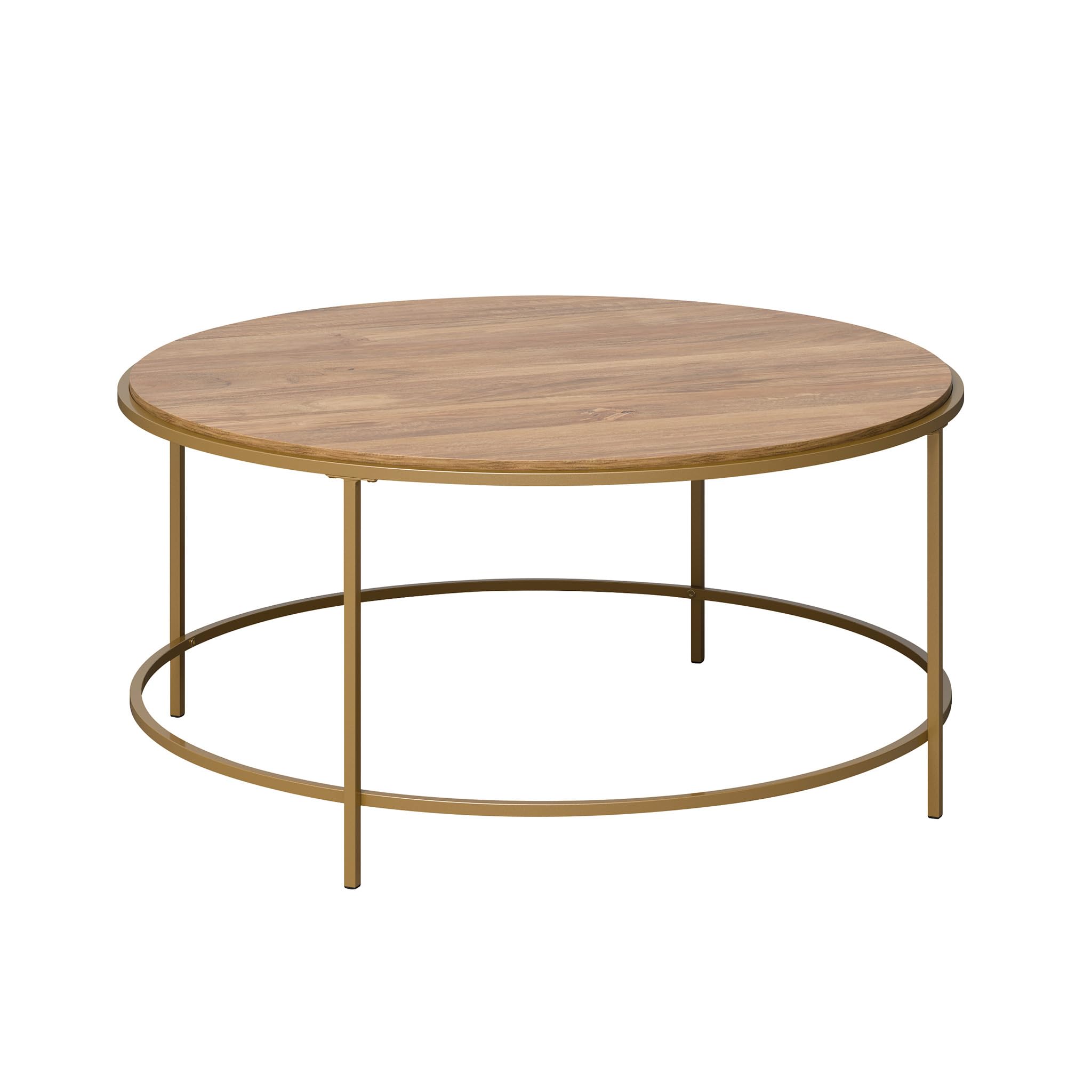 Sauder International Lux Round Modern Coffee Table with Chic Satin Gold Frame & Sindoori Mango Finish - Perfect for Living Room, Lounge, and Office Decor