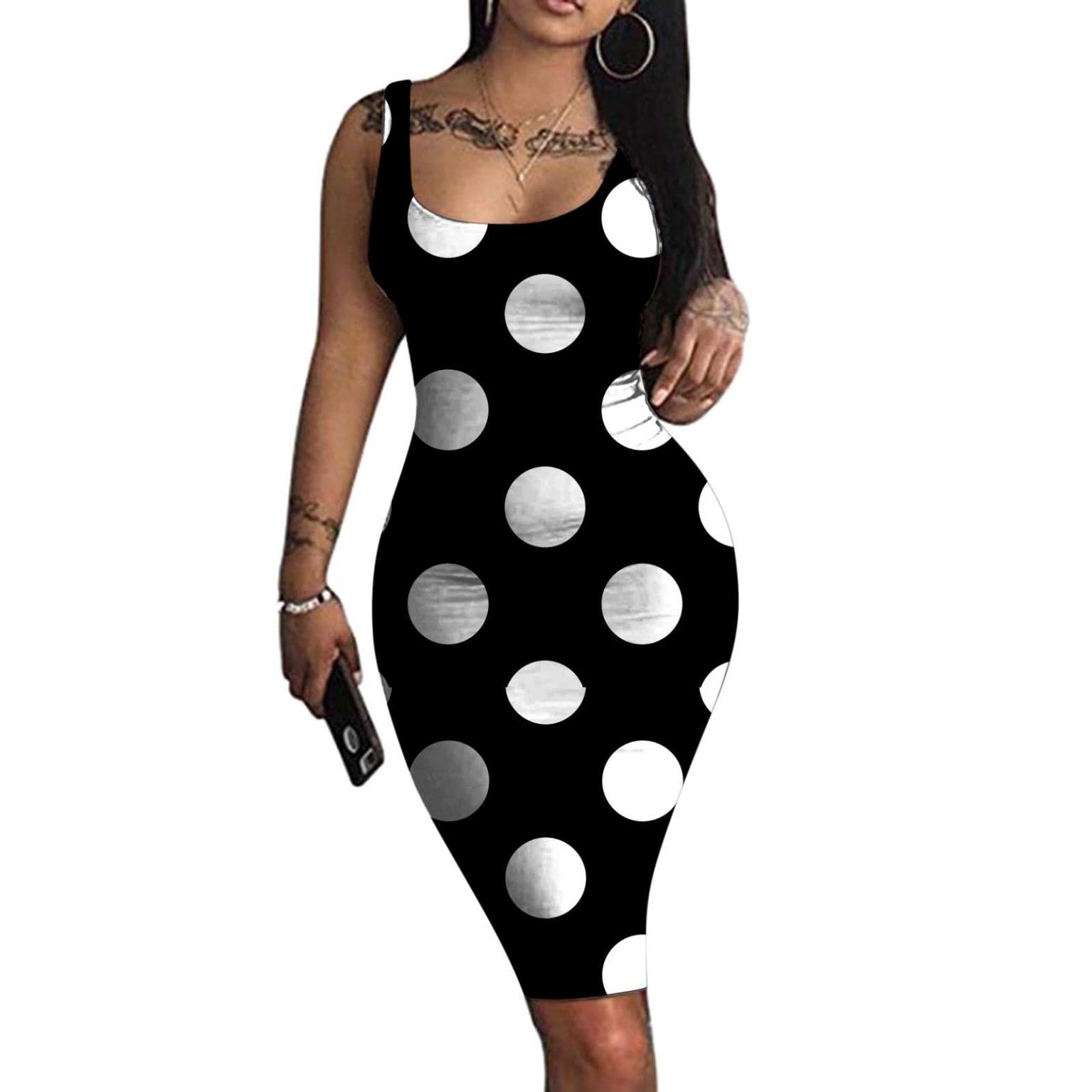Sexy Sleeveless Bodycon Midi Dress for Women - Club Party Casual Tank Dress, Flattering Short Dress for Night Out, Date Night & Summer Vacations
