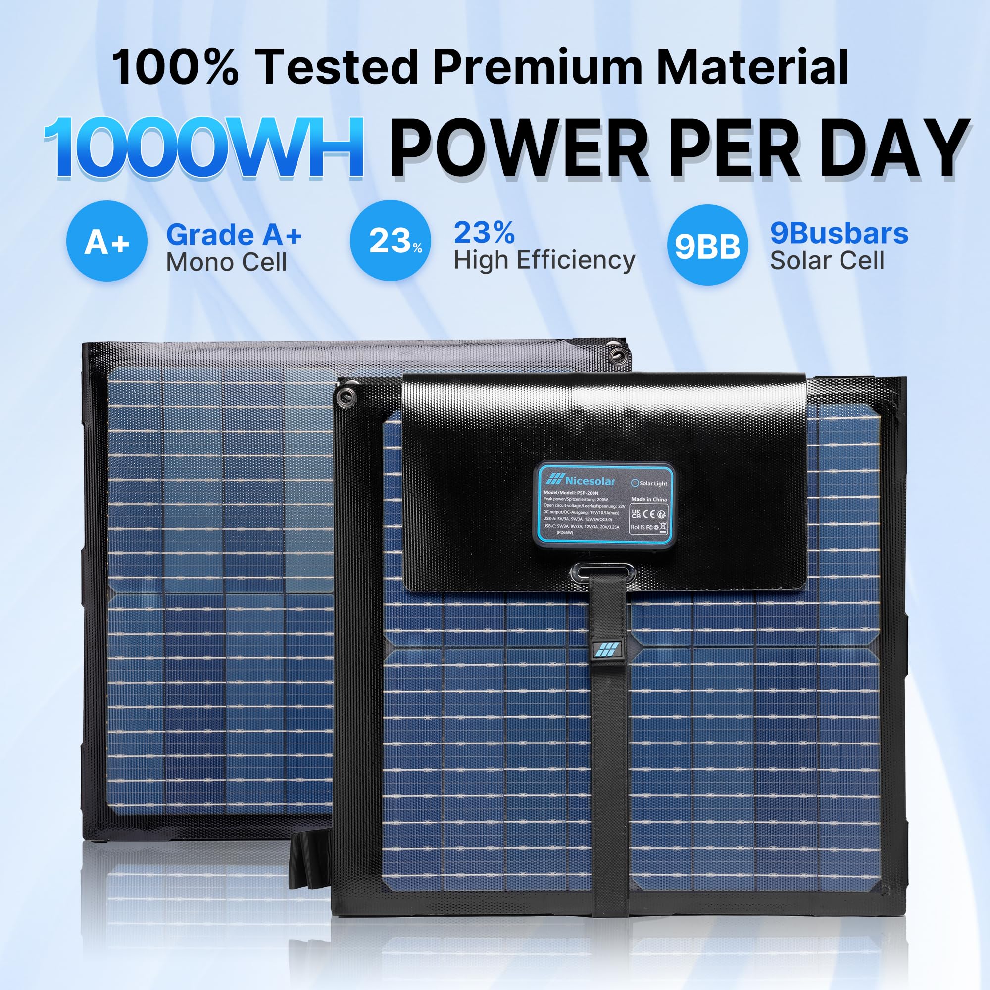 Nicesolar 200W Bifacial Portable Foldable Solar Panel Charger with USB A&C PD 65W - Compatible with Power Stations, Generators, Laptops, Smartphones, Tablets - Ideal for Outdoor Camping, RV Trips, Van Life & Emergency Power Backup