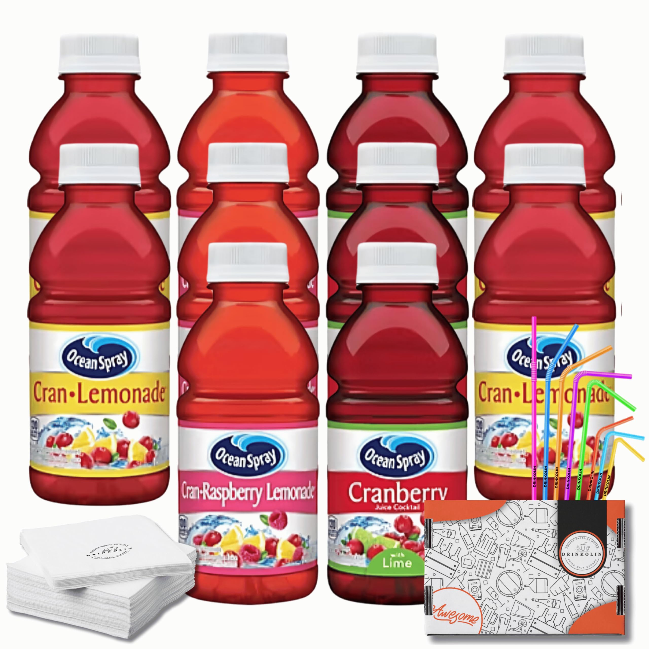 Ocean Spray Suntime Funtime Faves Variety Pack - 10 Fl Oz Juice Drink Bottles (Pack of 10 with Straws) - Refreshing Fruit Flavors for Picnics, BBQs & Summer Parties - By Drinkolin