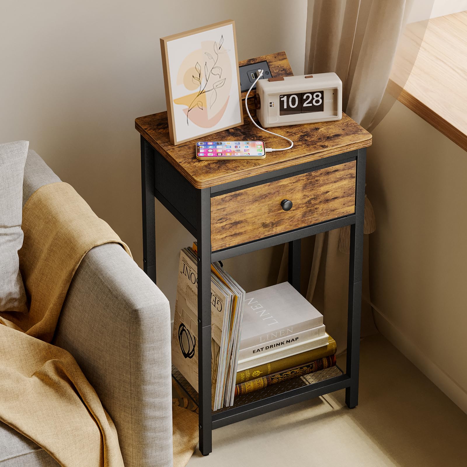 Fixwal Nightstand Set of 2 with Charging Station - USB Ports & Outlets, Rustic Brown Bedside End Tables with Fabric Drawer for Bedroom - Perfect for Small Spaces, Apartment Living & Guest Rooms