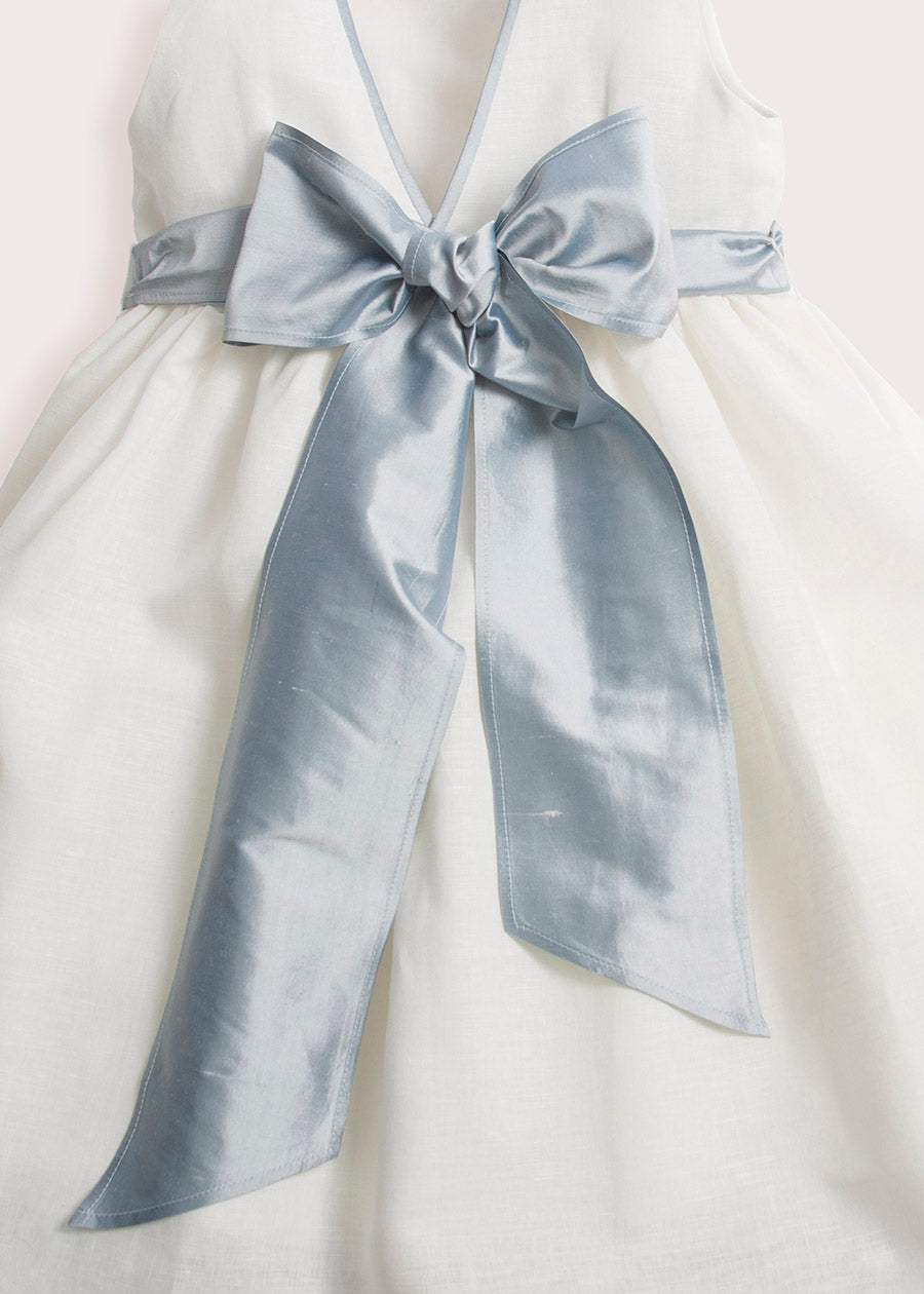 Ivory Sleeveless Flower Girl Dress with Blue Silk Sash - Ages 6 Months to 10 Years | Perfect for Weddings, Baptisms & Special Occasions