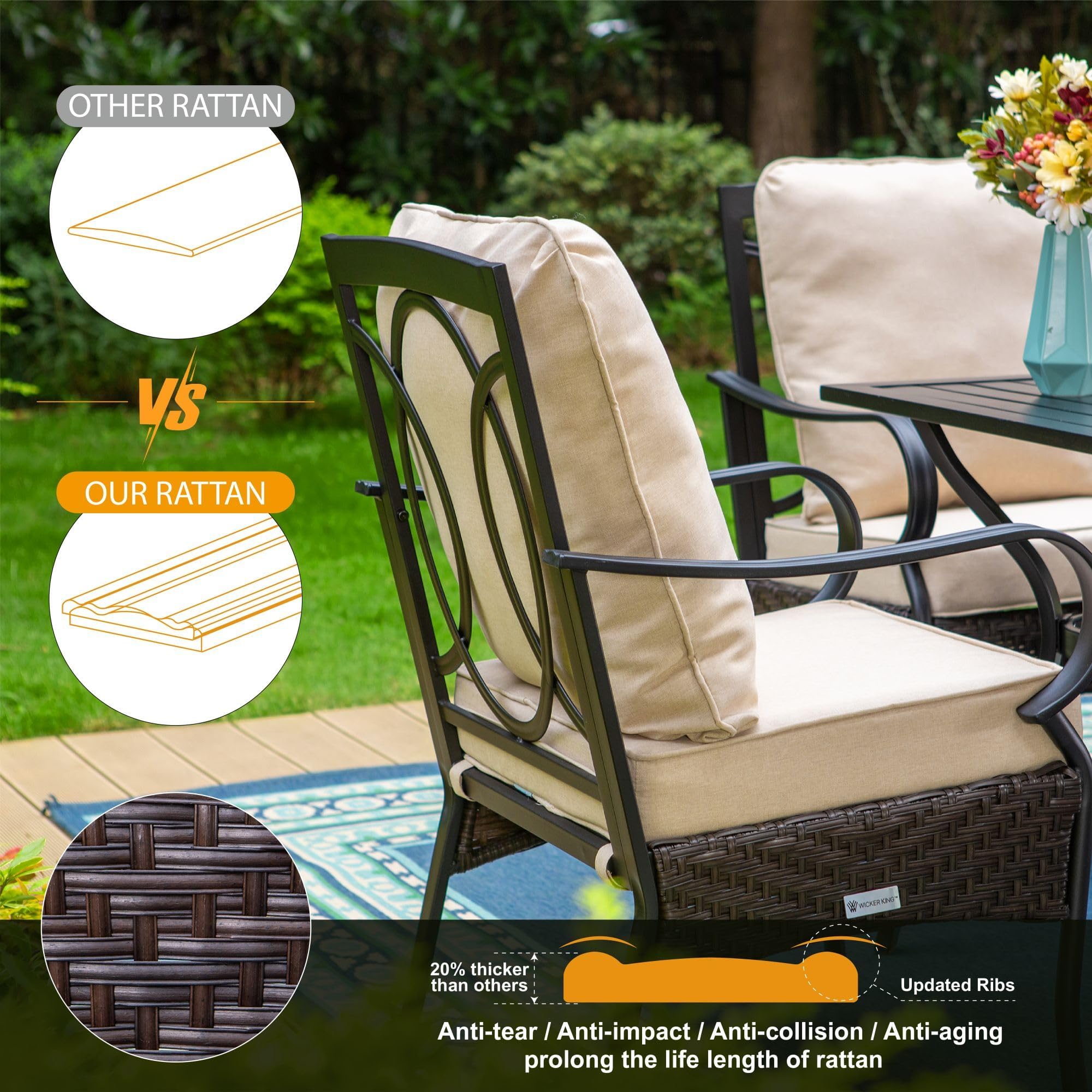 MFSTUDIO 2-Piece Outdoor Wicker Patio Dining Chairs Set with Thick Cushions - Ergonomic High Back Rattan Chairs with Armrests - Durable Metal Frame for Backyard, Poolside, and Garden Relaxation