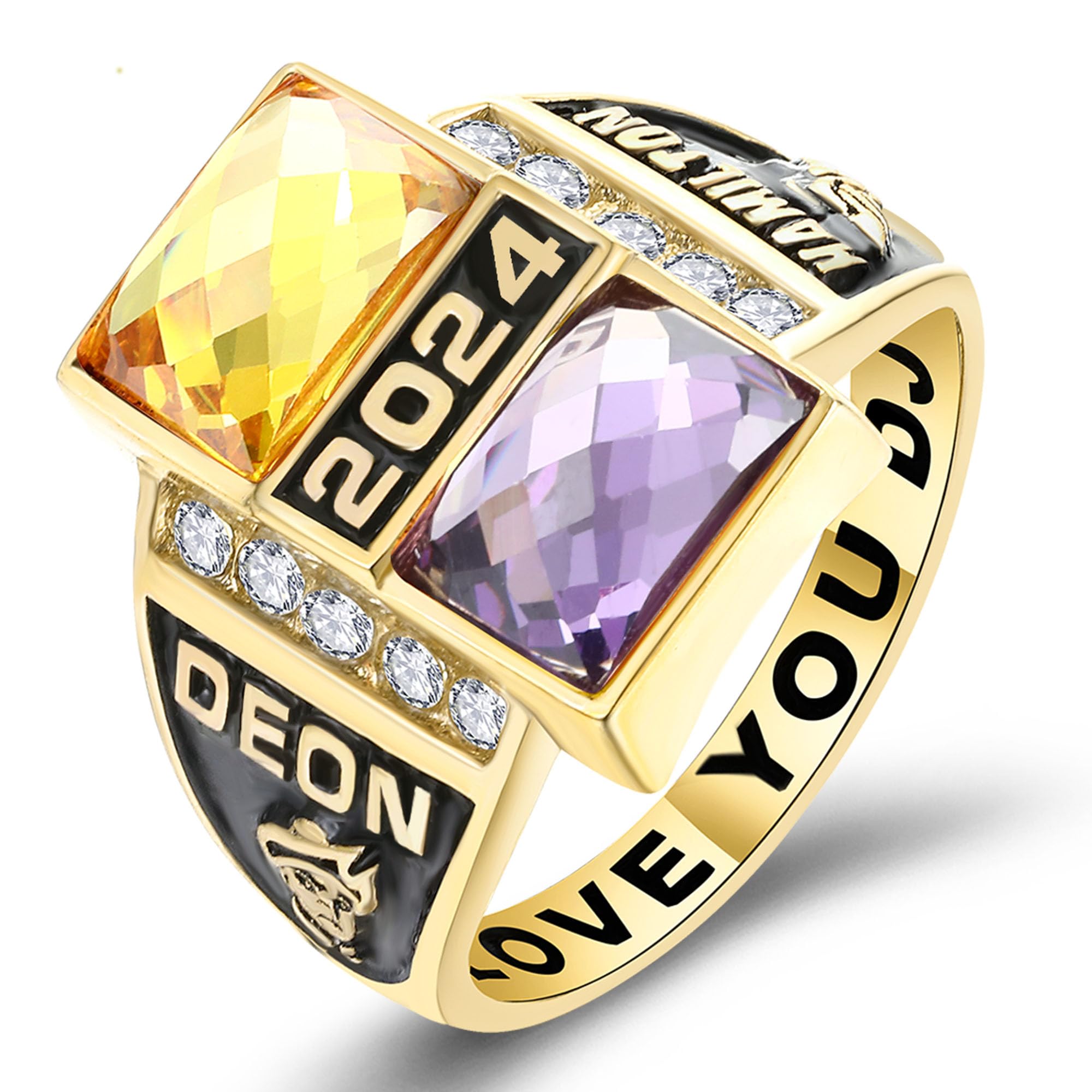 Custom Personalized Class Rings for Men - 925 Sterling Silver with Two Birthstones, Gold Plated High School Rings (Size 5-15) | Perfect for Graduation Gifts, Alumni Reunions & Special Occasions