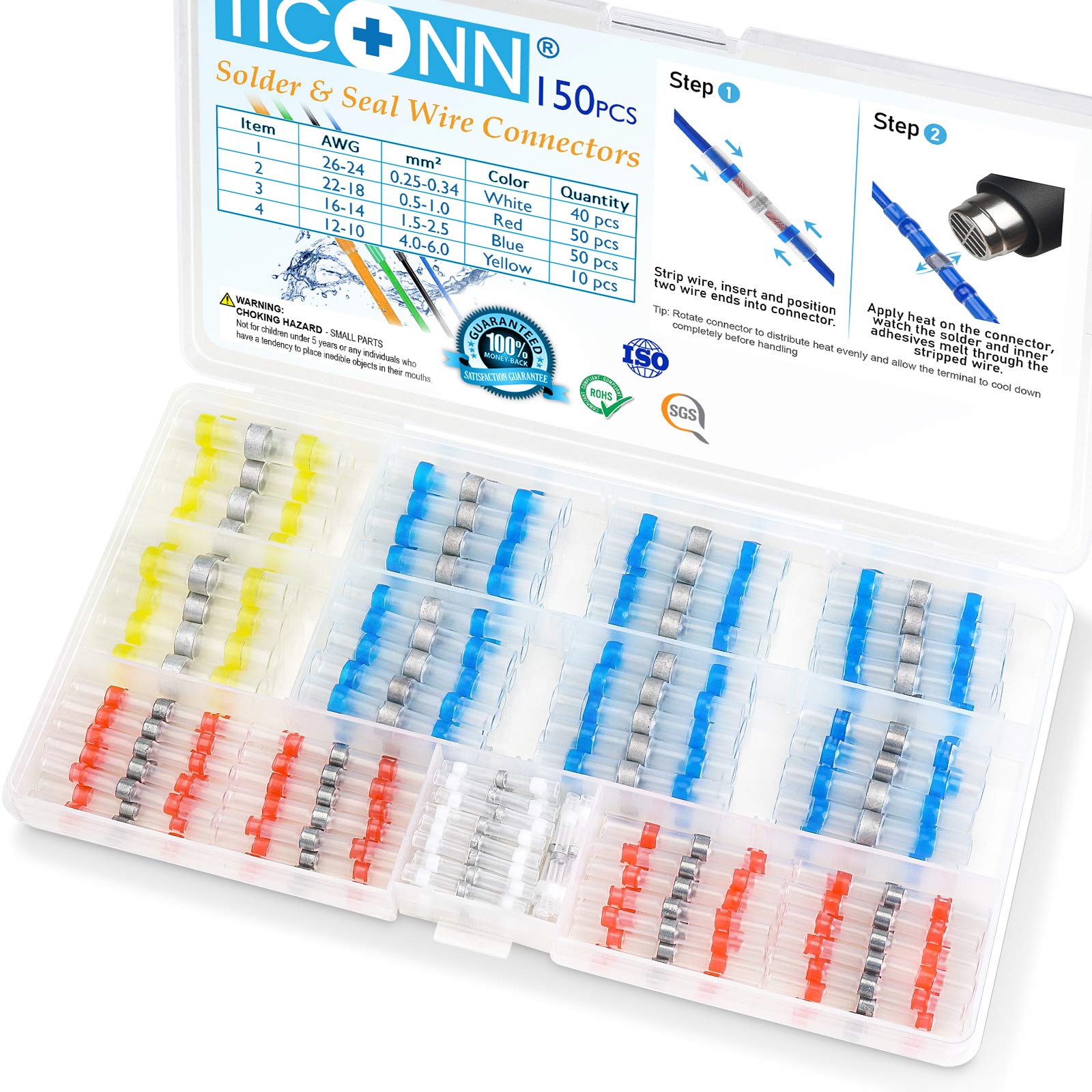TICONN 150PCS Heat Shrink Solder Seal Wire Connectors - Waterproof & Insulated Electrical Butt Splice Terminals for Automotive, Marine & Home Wiring Repairs