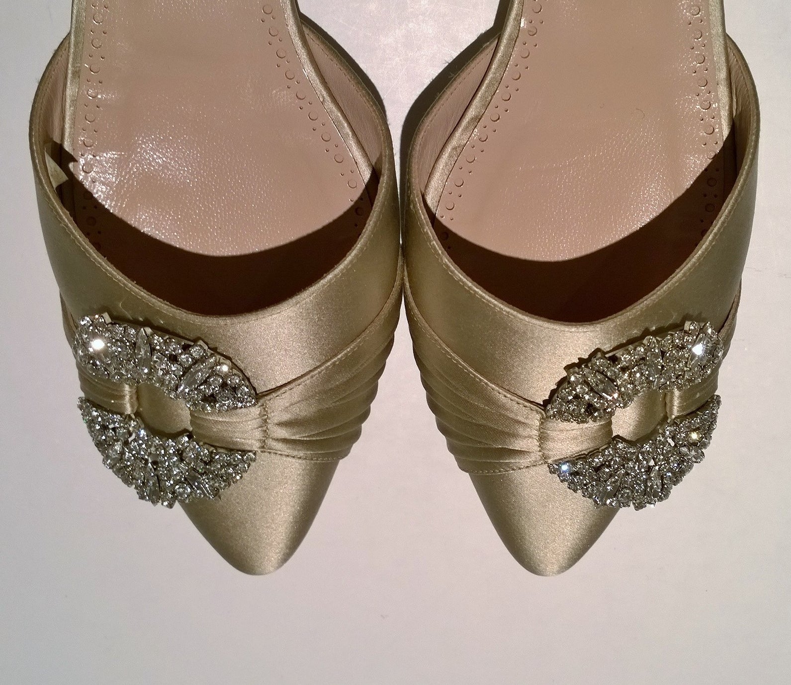 Manolo Blahnik Luanda Gold Satin Rhinestone Buckle Flats - Elegant Women's Dress Shoes for Weddings, Parties & Special Occasions