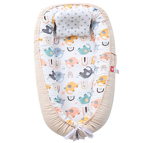 Abreeze Baby Lounger - Ultra Soft & Breathable Newborn Nest Sleeper, Portable Adjustable Co-Sleeping Crib Bassinet Mattress for Infants 0-12 Months - Perfect for Nursery, Travel & Bedside Sleeping (Elephant Design)
