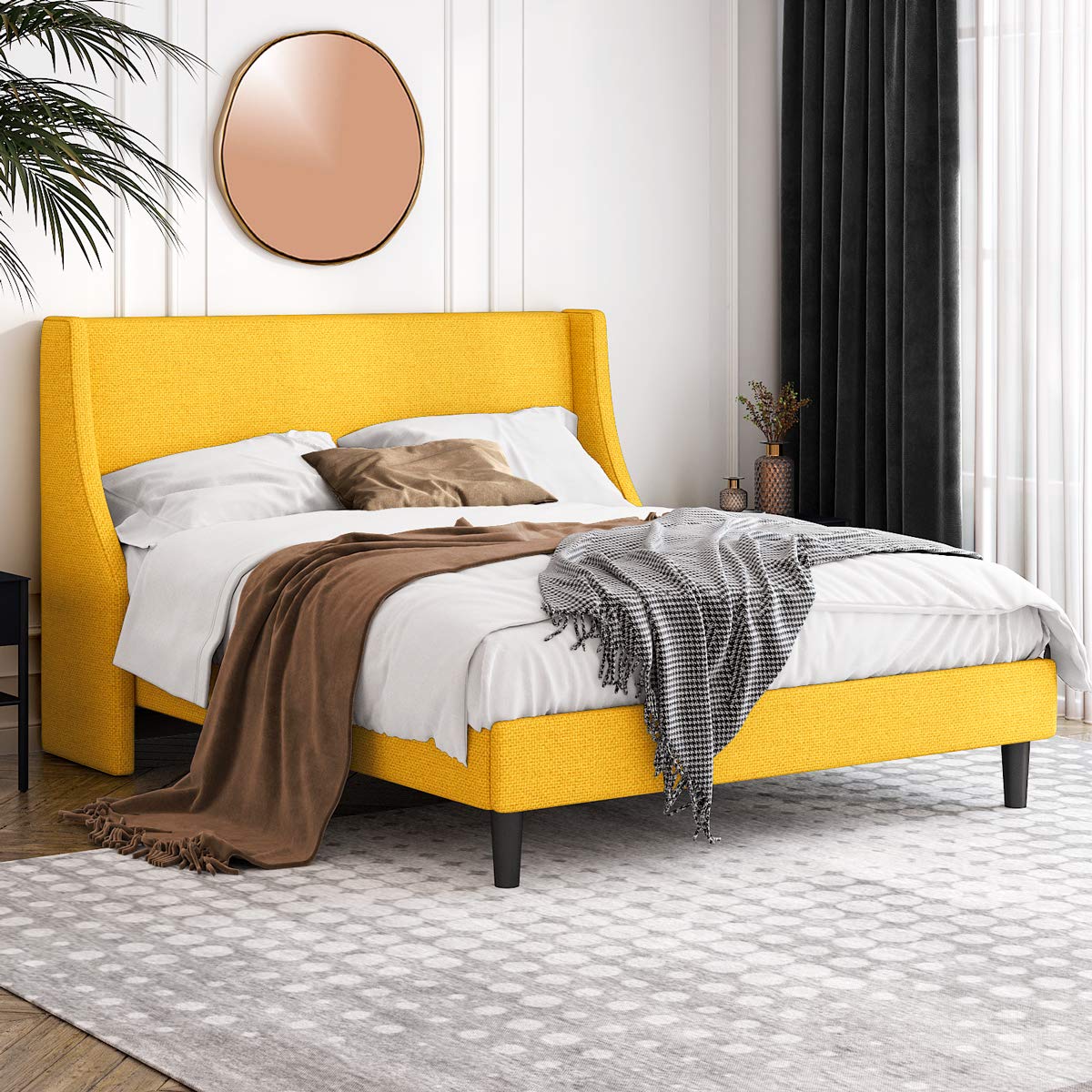 Modern Wingback Upholstered Full Bed Frame with Wood Slat Support - Yellow | Sturdy Platform Bed for Master Bedroom, Guest Room & Dorm
