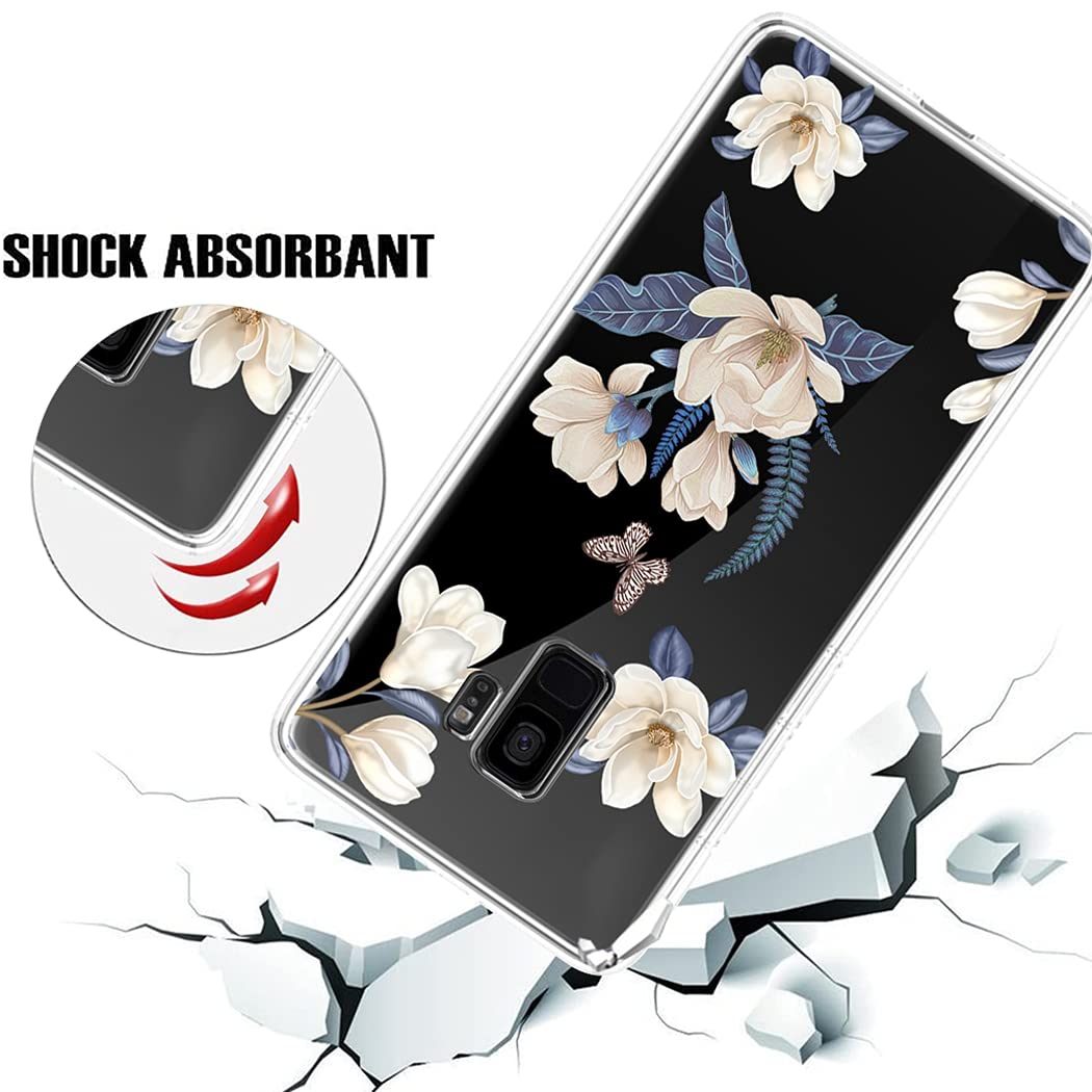 Cute Clear Slim Shockproof Samsung Galaxy S9 Case for Women - Soft Flexible TPU Rubber Protective Phone Cover with Floral Pattern (White Flower) | Perfect for Everyday Use, Work & Travel Protection