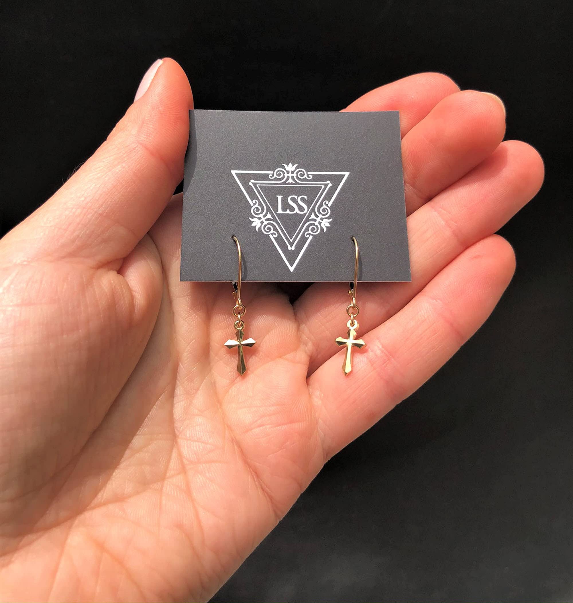 14K Gold Small Dangle Cross Earrings for Men & Women – Handmade in USA – Solid 14K Yellow Gold Pair (2 Earrings) – Perfect for Everyday Wear, Gifts & Religious Occasions