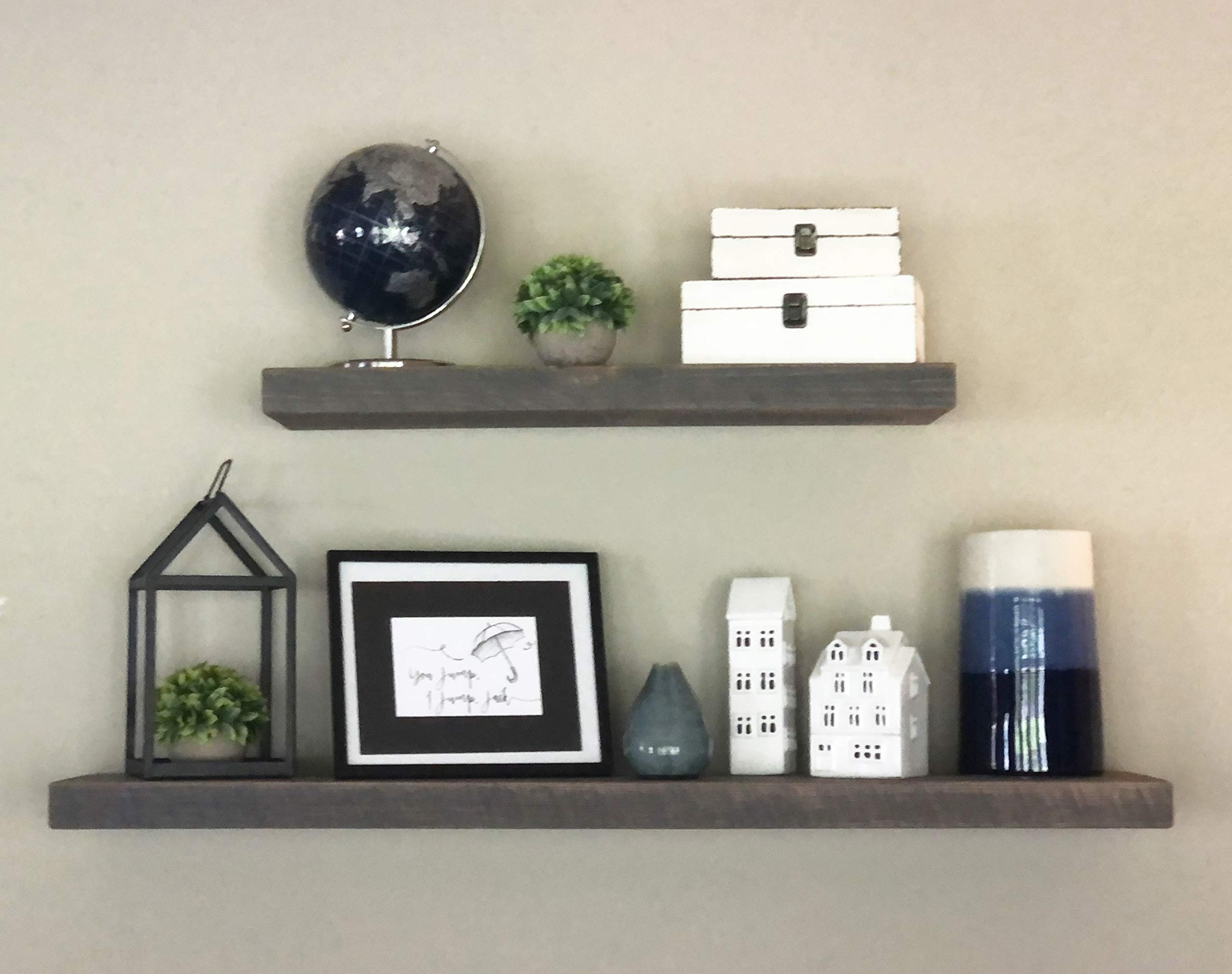 Joel's Antiques - 30 Inch Natural Wood Floating Shelves for Wall - Heavy Duty Rustic Wooden Shelves (30x6x2 Inches) - Perfect for Bedroom, Living Room & Kitchen Decor - Gray/Grey - Ideal for Displaying Books, Photos & Home Decor Items