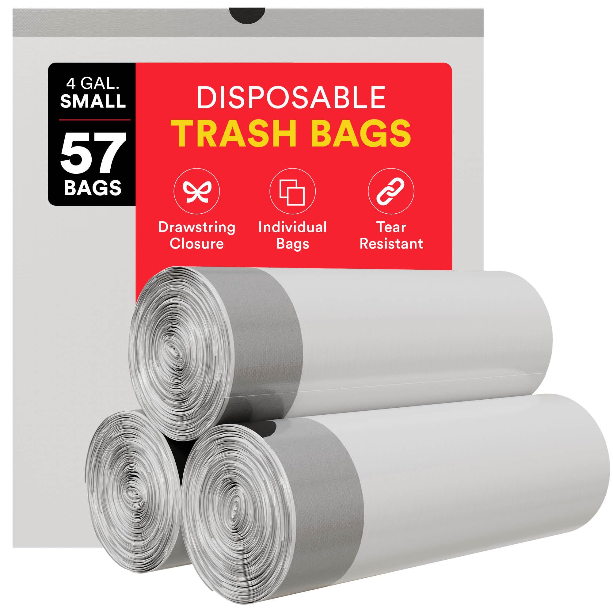 4 Gallon Small Trash Bags with Drawstring - 57 Count White Unscented Garbage Bags | Waste Basket & Trash Can Liners for Bathroom, Kitchen, Office & Home Cleaning Supplies | Perfect for Small Bins, Diaper Pails & Pet Waste Disposal