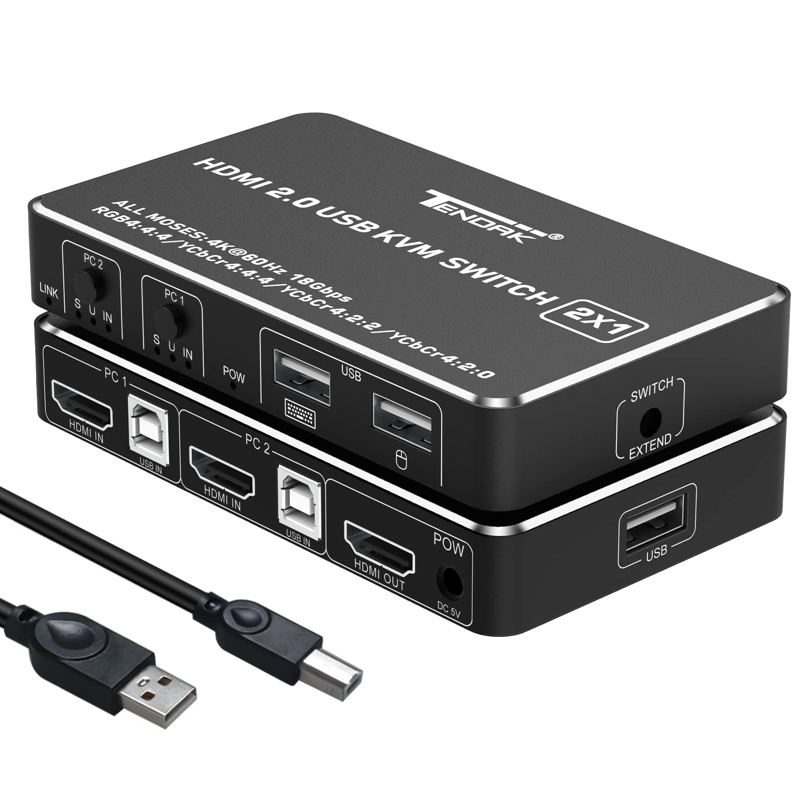 Tendak 2x1 HDMI 2.0 KVM Switch with USB 2.0 Ports - 4K@60Hz HDCP 2.2 Support for PC, PS4, Xbox - Keyboard & Mouse Sharing Switch for Dual Computer Setup - Perfect for Gaming, Office & Home Theater Systems