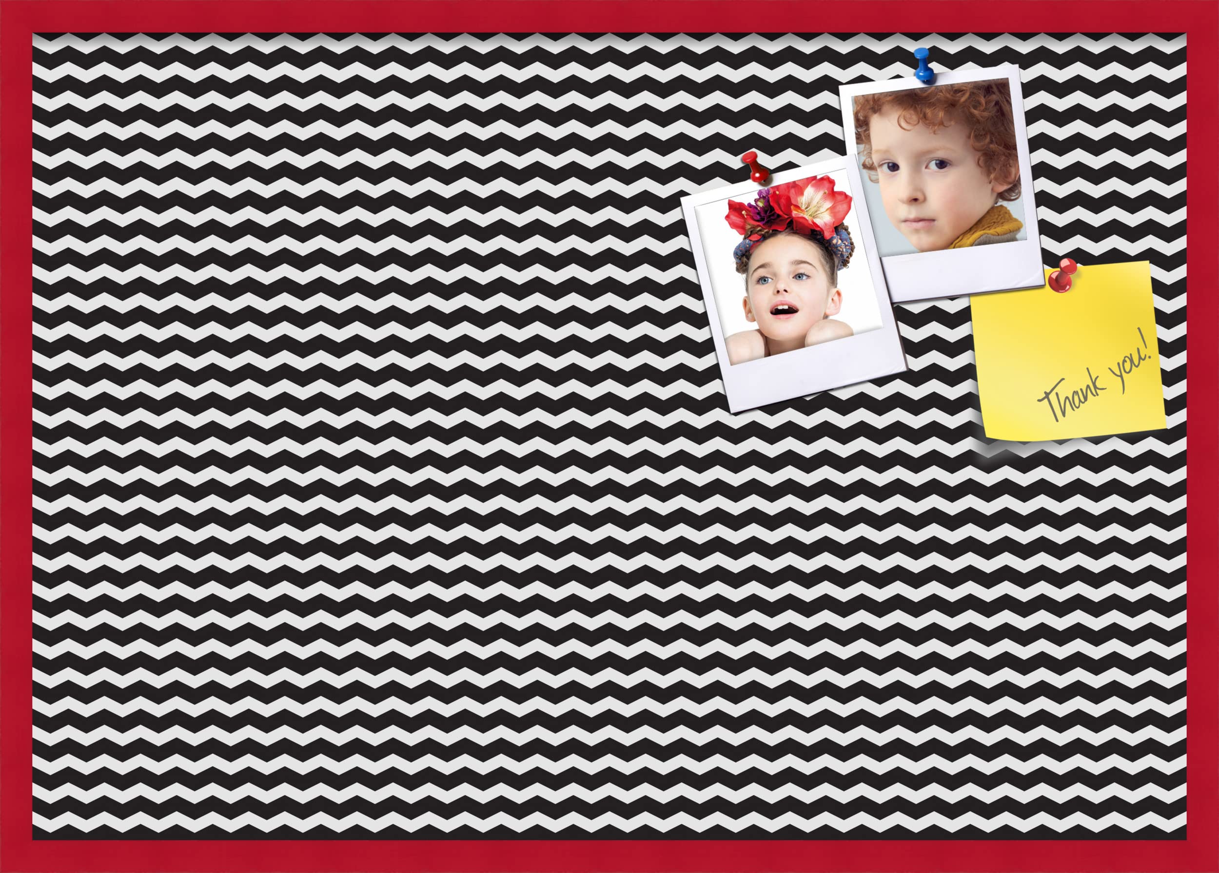 PinPix 40x28 Inch Cork Bulletin Board - Black & White Chevron Design with Red Beech Frame - Stylish Home Office Decor, Message Board, Memo Board for Wall Organization - Perfect for Kitchen, Dorm, Classroom & Office (PinPix-118)