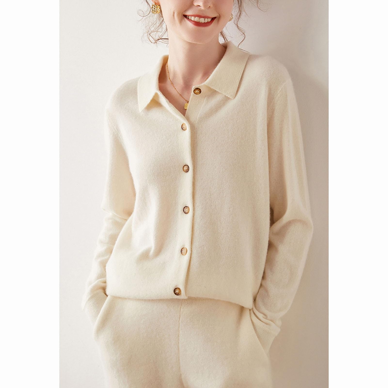 100% Pure Cashmere Women's Long Sleeve Button Front Cardigan Sweater - Polo Neck, White, Large | Soft & Warm Winter Knitwear for Office, Travel & Casual Outfits