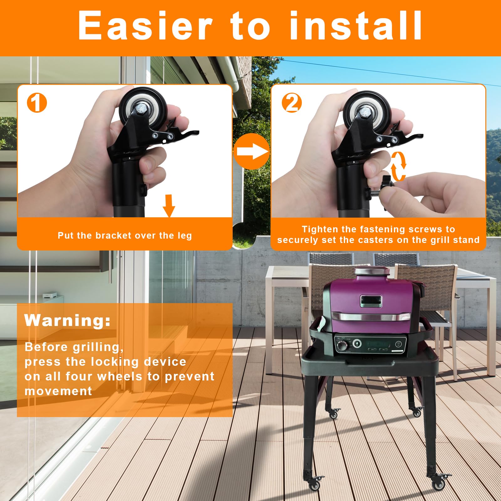 Ninja XSKUNSTAND Outdoor Stand Caster Wheels Kit - 360° Swivel with Brake for Ninja OG & OO Series Grill Stand & Pizza Oven Stand | Heavy Duty Woodfire Outdoor Grill Accessories | Perfect for Patio, Backyard BBQ & Outdoor Cooking