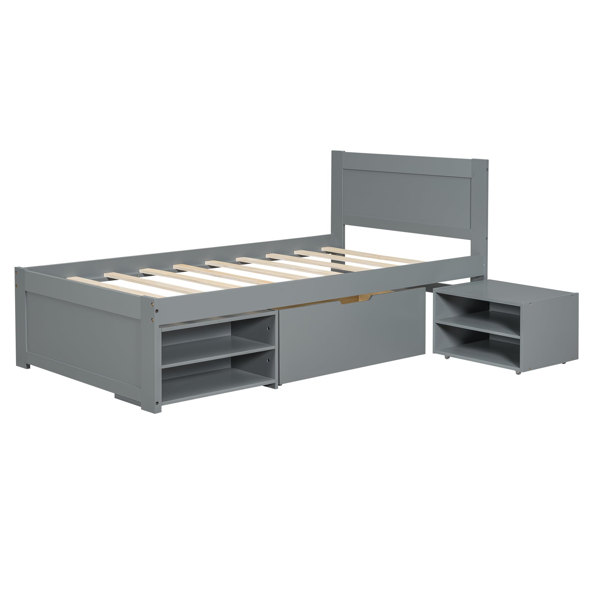 Merax Twin Size Wooden Platform Bed with Storage - Underbed Drawer, Shelves & Rolling Rack for Kids Bedroom - Space-Saving Grey Bed Frame for Boys and Girls | Perfect for Small Rooms, Dorms & Apartments