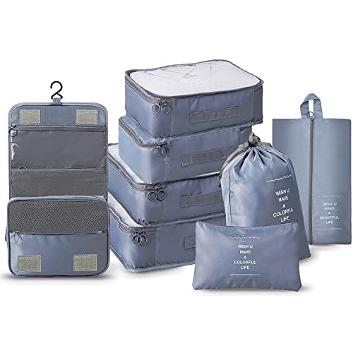8-Piece Travel Packing Cubes Set - Luggage Organizer with Shoe Bag & Toiletry Bag for Carry-On Suitcases (Gray) | Perfect for Business Trips, Vacations & Weekend Getaways