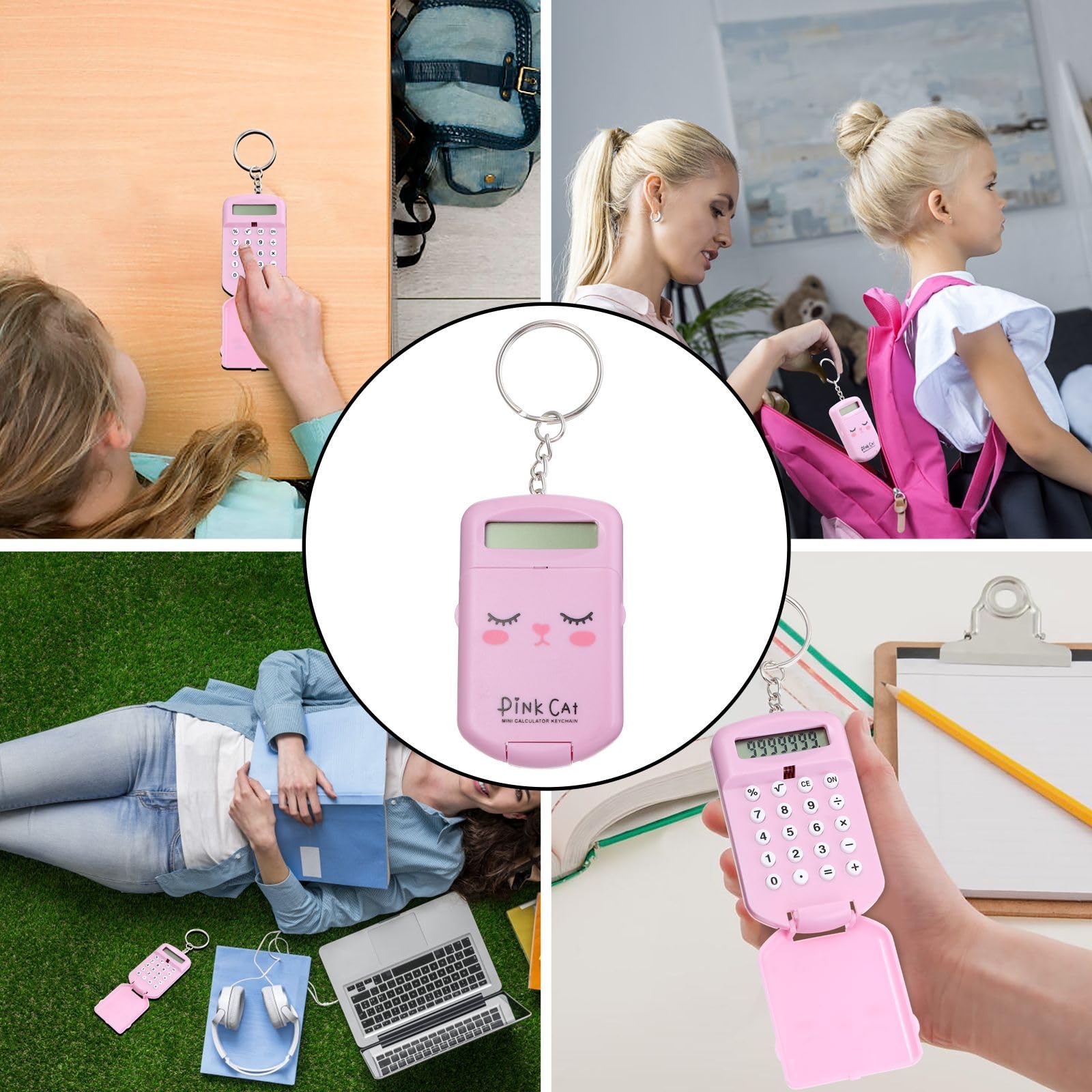 2-Pack Mini Cute Cartoon Keychain Calculator - Portable Electronic Pocket Calculator with Key Ring for Students, Office & School Supplies - Perfect for Backpacks, Keychains & Gifts (Pink)