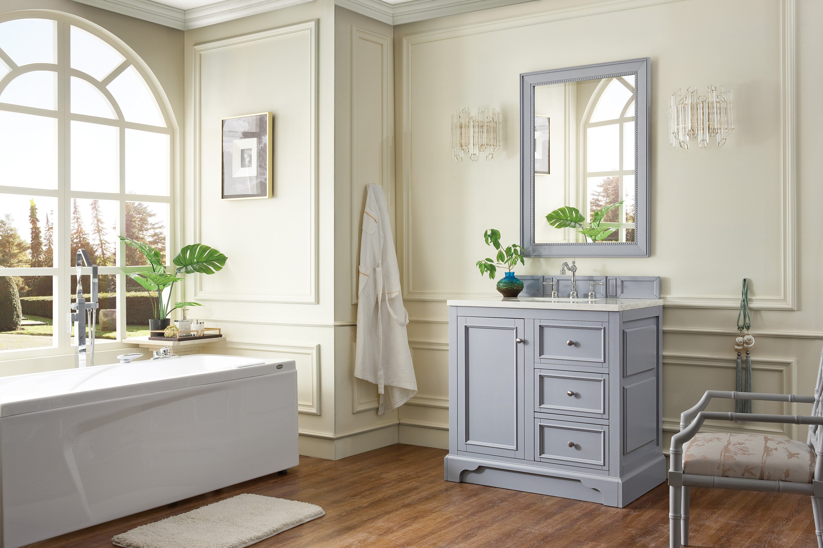 De Soto 36 Inch Single Bathroom Vanity with 3CM Arctic Fall Solid Surface Top in Silver Gray - Perfect for Modern Home & Apartment Bathroom Remodeling