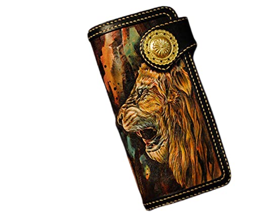 Handcrafted 3D Genuine Leather Wallet for Men - Long Biker Wallet with Hand-Carved Lion King Design - Custom Personalized Leather Wallet for Everyday Use & Gift Giving