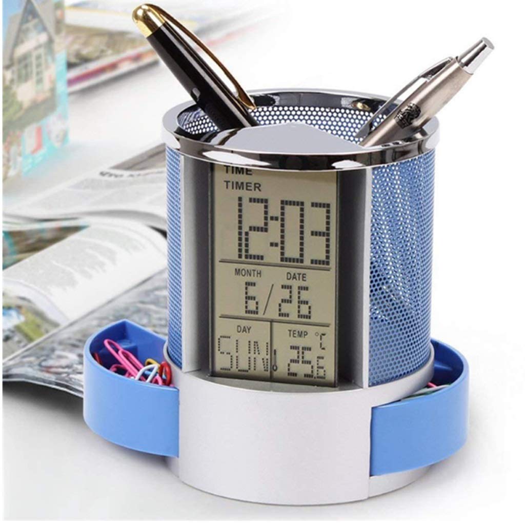 Mesh Pen & Pencil Holder with LCD Alarm Clock - Digital Desk Organizer with Time, Temperature & Calendar Display | Perfect for Office, School & Home Workspace (Blue)