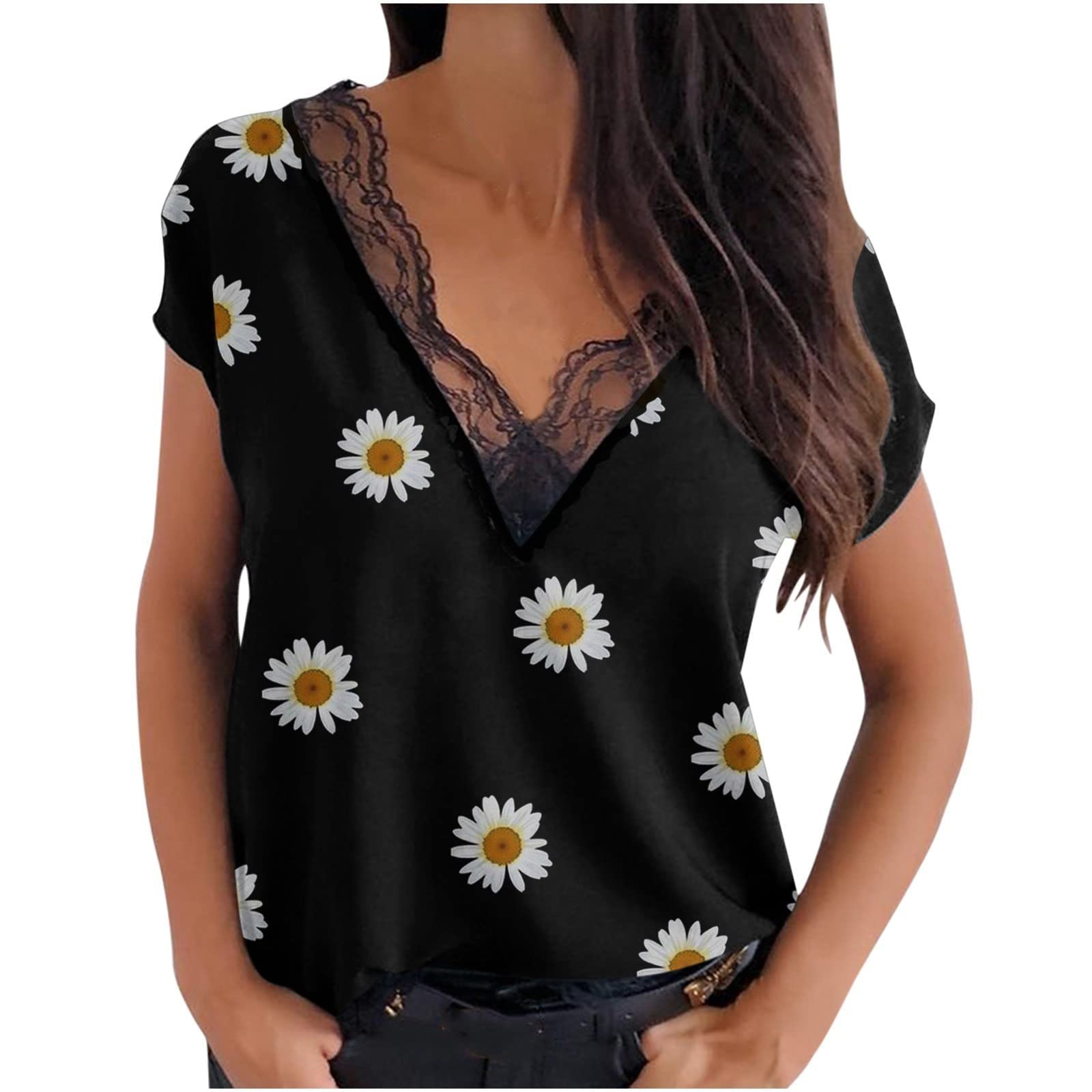 Women's Sexy Cap Sleeve Lace T-Shirt - Floral Print Summer Blouse & Casual Tee for Date Night, Beach Outings and Party Wear
