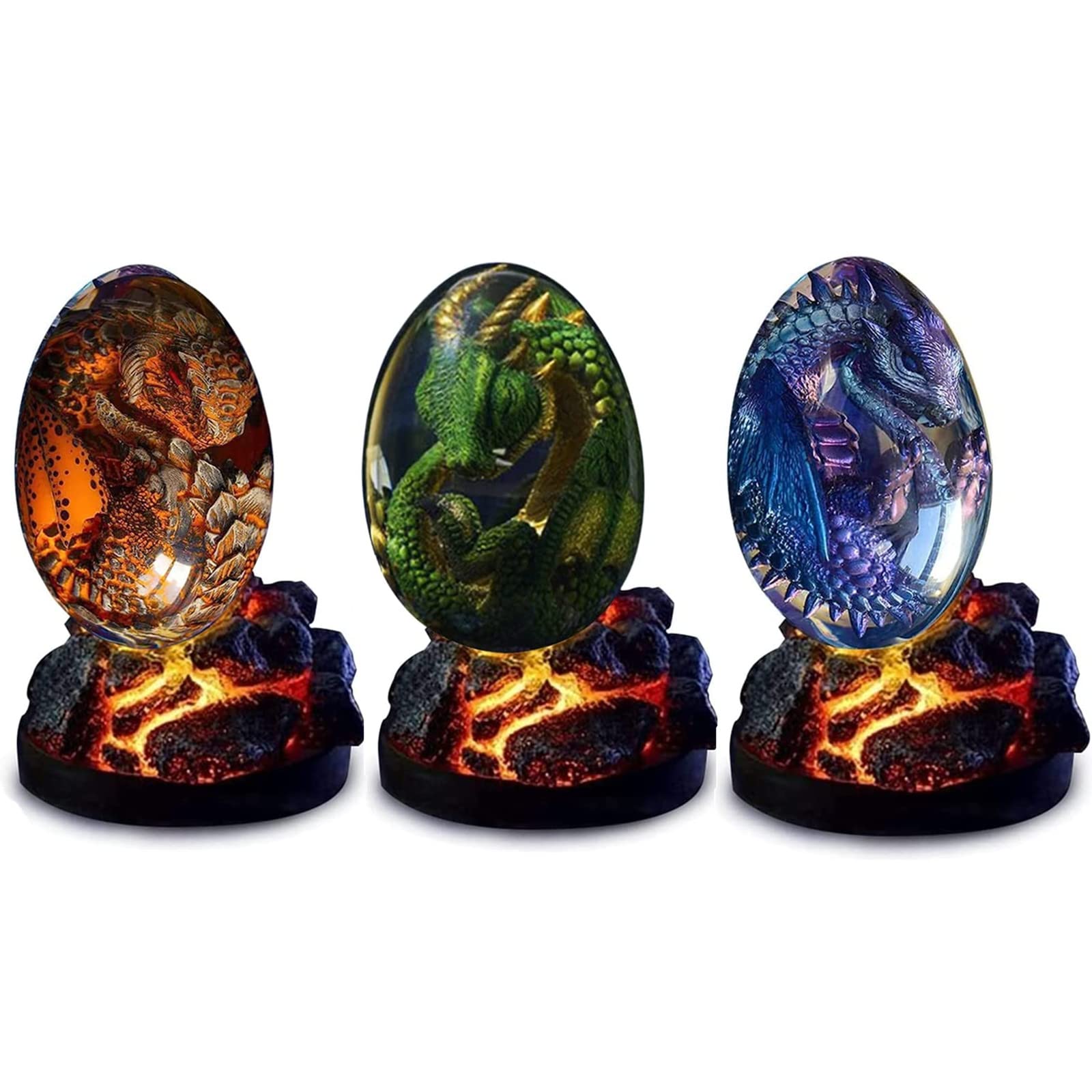 3PC Dragon Egg Lava Eggs with Luminous Base - Handmade Crystal Transparent Resin Sculpture, Unique Fire Pocket Souvenir Gift Set (Green, Orange, Purple) - Perfect for Home Decor, Fantasy Collections & Special Occasion Gifts