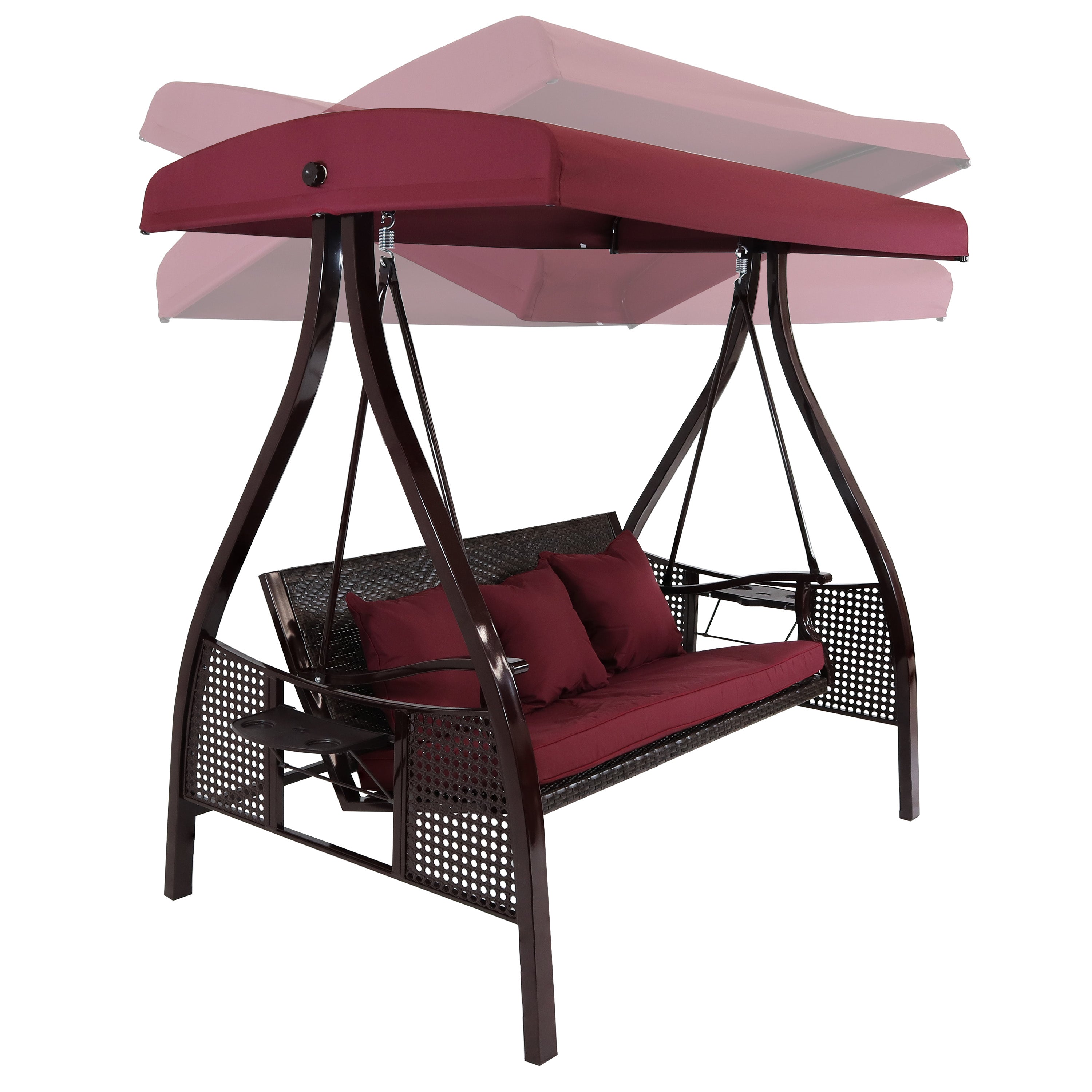 Sunnydaze 3-Person Steel Outdoor Patio Swing with Side Tables & Canopy - Merlot Red for Garden, Backyard, Porch Relaxation