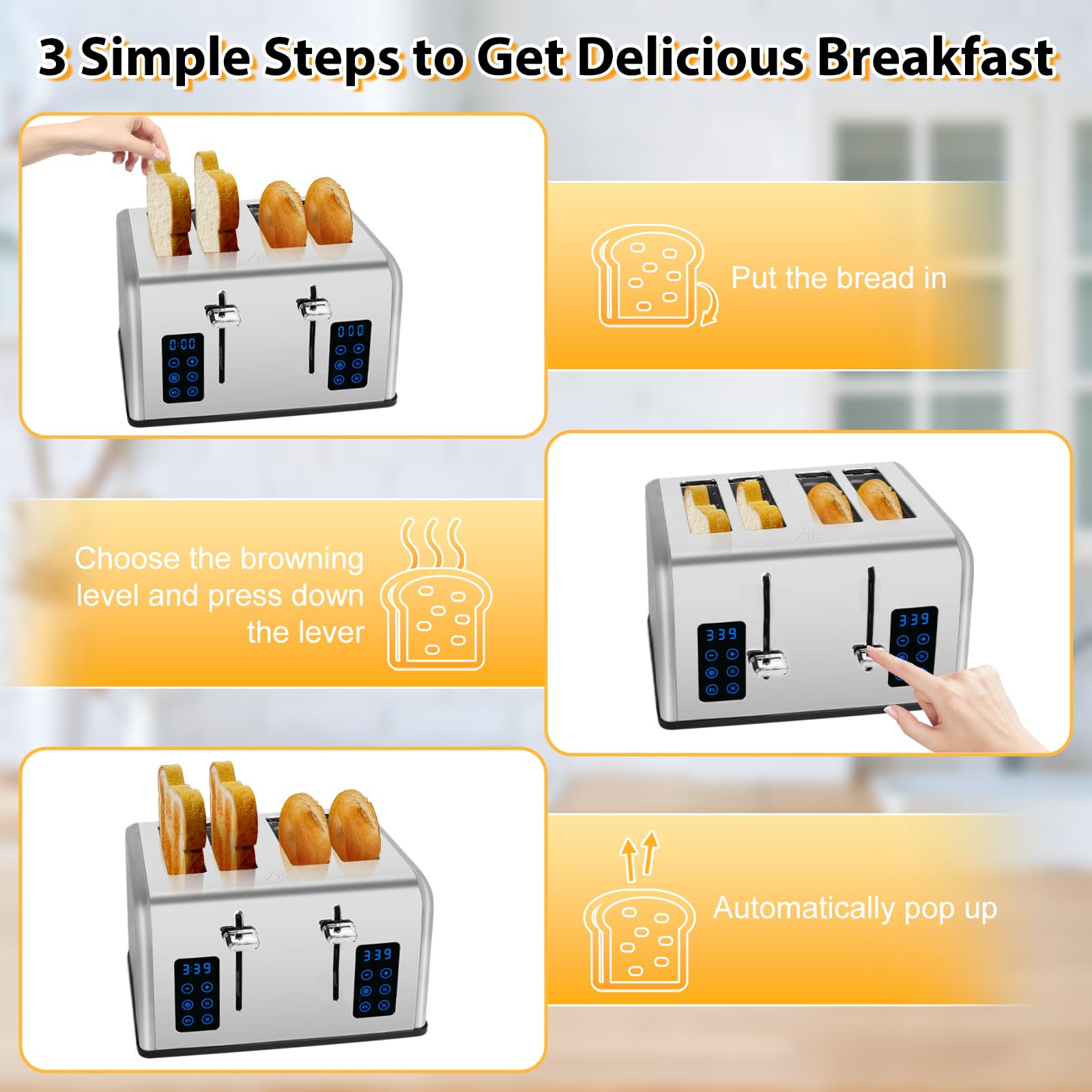 4 Slice Toaster with Extra-Wide Slots - Dual Independent Controls, 6 Toast Levels, Defrost/Reheat/Bagel Functions - 1650W Stainless Steel Toaster for Bagels, Thick Bread & Pastries - Perfect for Breakfast, Brunch & Family Dining