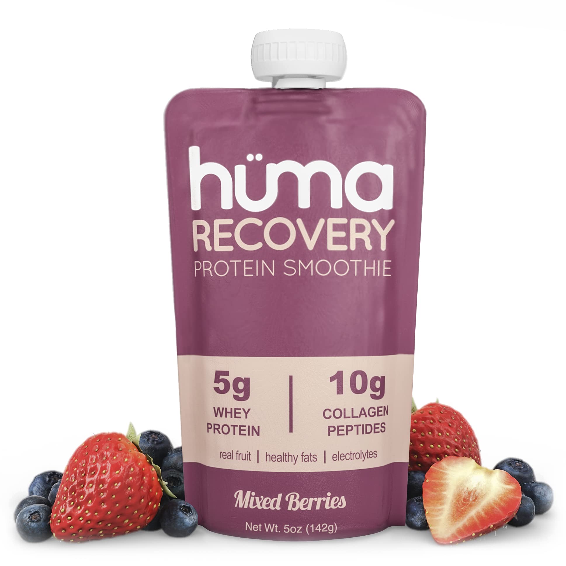 Huma Recovery Protein Smoothie - 12 Pack with 15g Collagen & Whey Protein | Post Workout Recovery Drink | Ready-to-Drink Protein Shake with Real Fruit, Electrolytes & Healthy Fats | Ideal for Gym Recovery, Hiking & Active Lifestyles