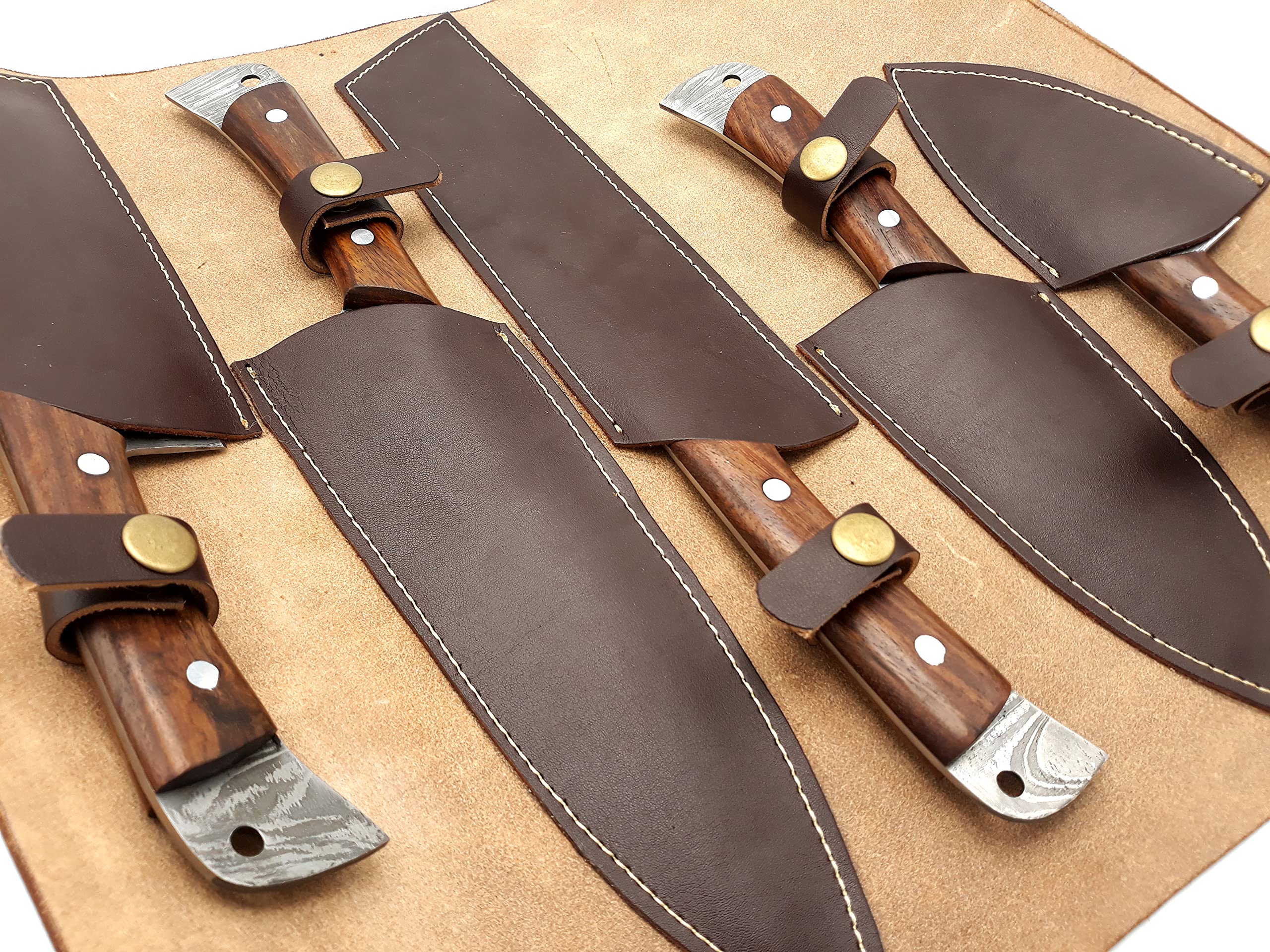Premium Nooraki Handmade Damascus Steel Knife Set - 5-Piece Full Tang Rosewood Handle Chef, Butcher, Bread, Paring & Skinning Knives with Leather Case - Perfect for Professional Chefs, Home Cooking & Outdoor Adventures